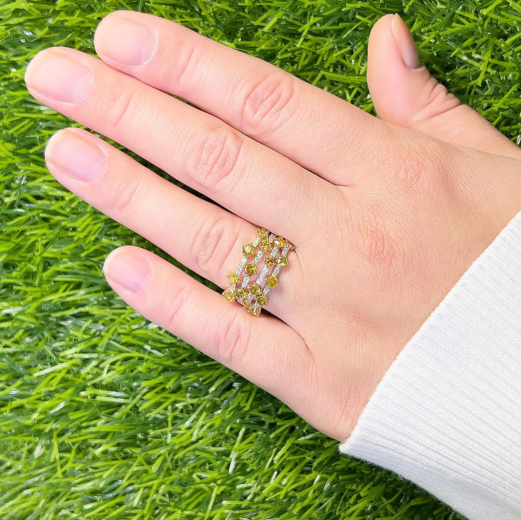 Round Cut Fancy Yellow Multi Band Ring 1.55 Carat 18K Gold For Sale