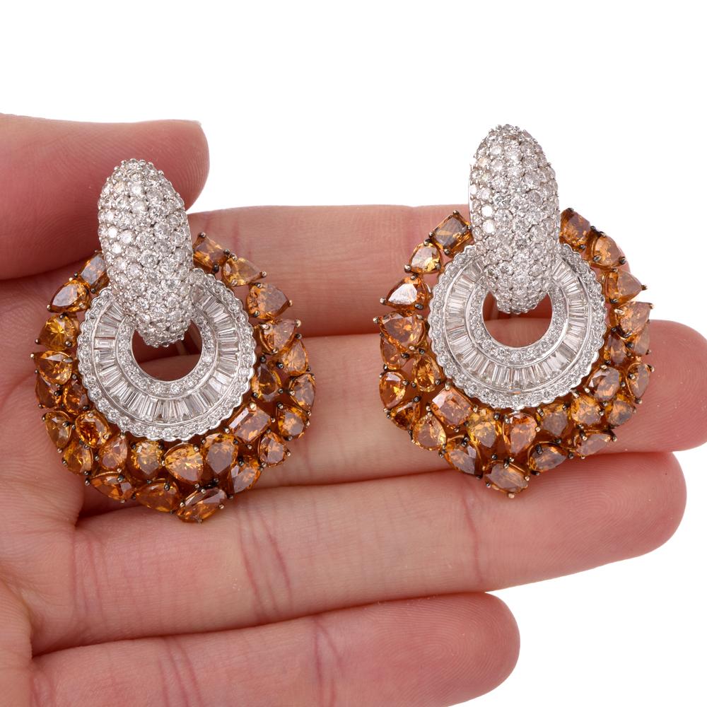 Fancy Yellow Orange Color Diamond Clip on Gold Earrings In Excellent Condition In Miami, FL