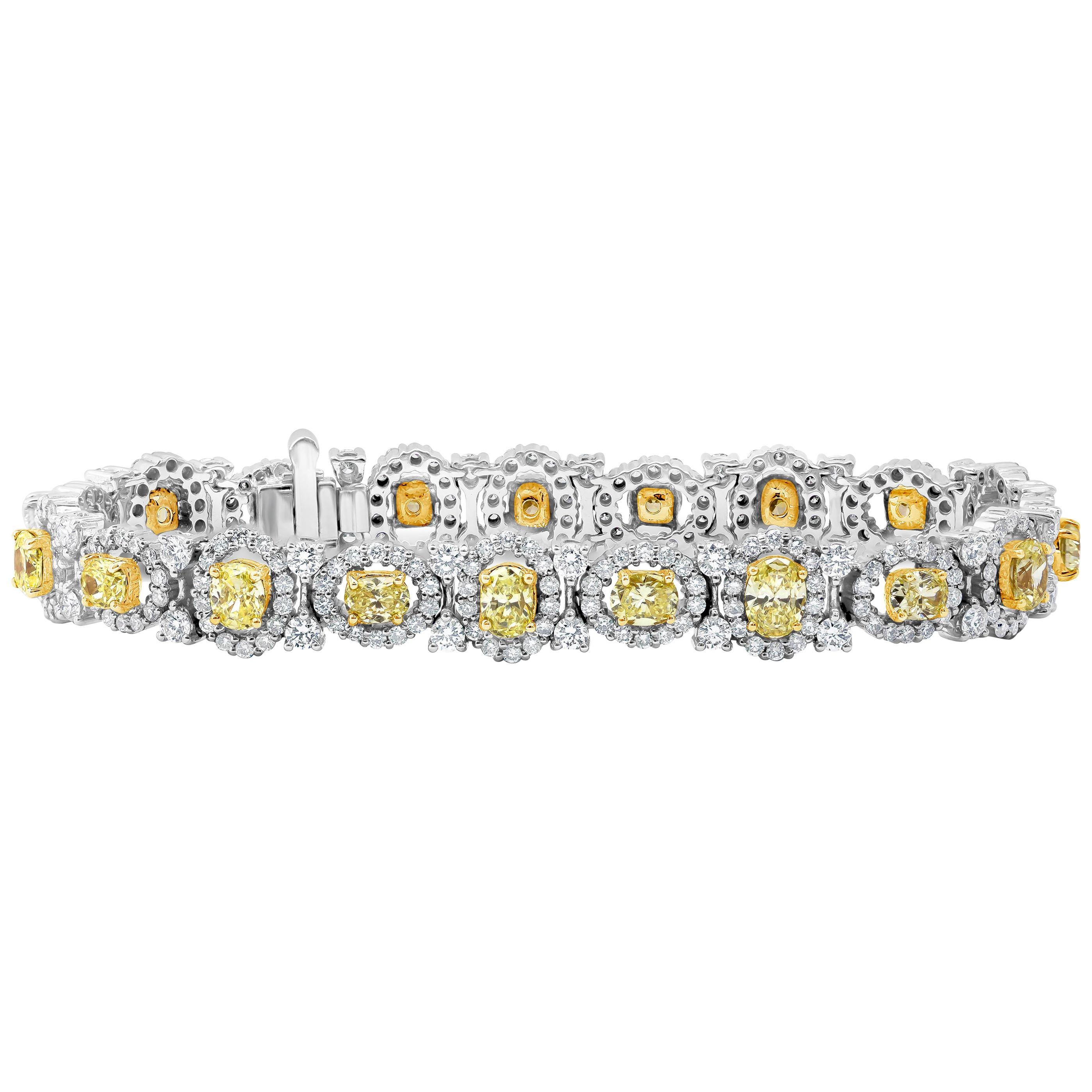 Roman Malakov 11.50 Carat Total Oval Cut Fancy Yellow Diamond Halo Bracelet