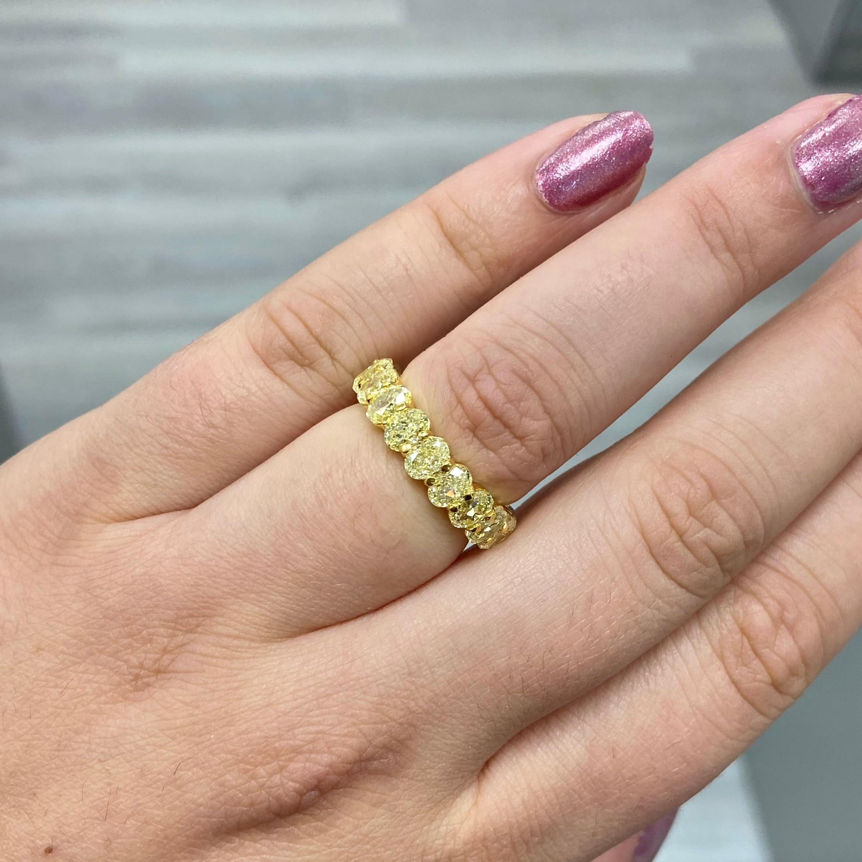 5.85 carats 
Fancy Yellow
VS-VVS Clarity 
Oval Cut Diamonds
19 diamonds
0.30 carat average weight per diamond
Size 6
Crafted in 18k Yellow Gold
Handmade in NYC

This piece can be viewed before purchase in our showroom in NYC, or at one of our retail