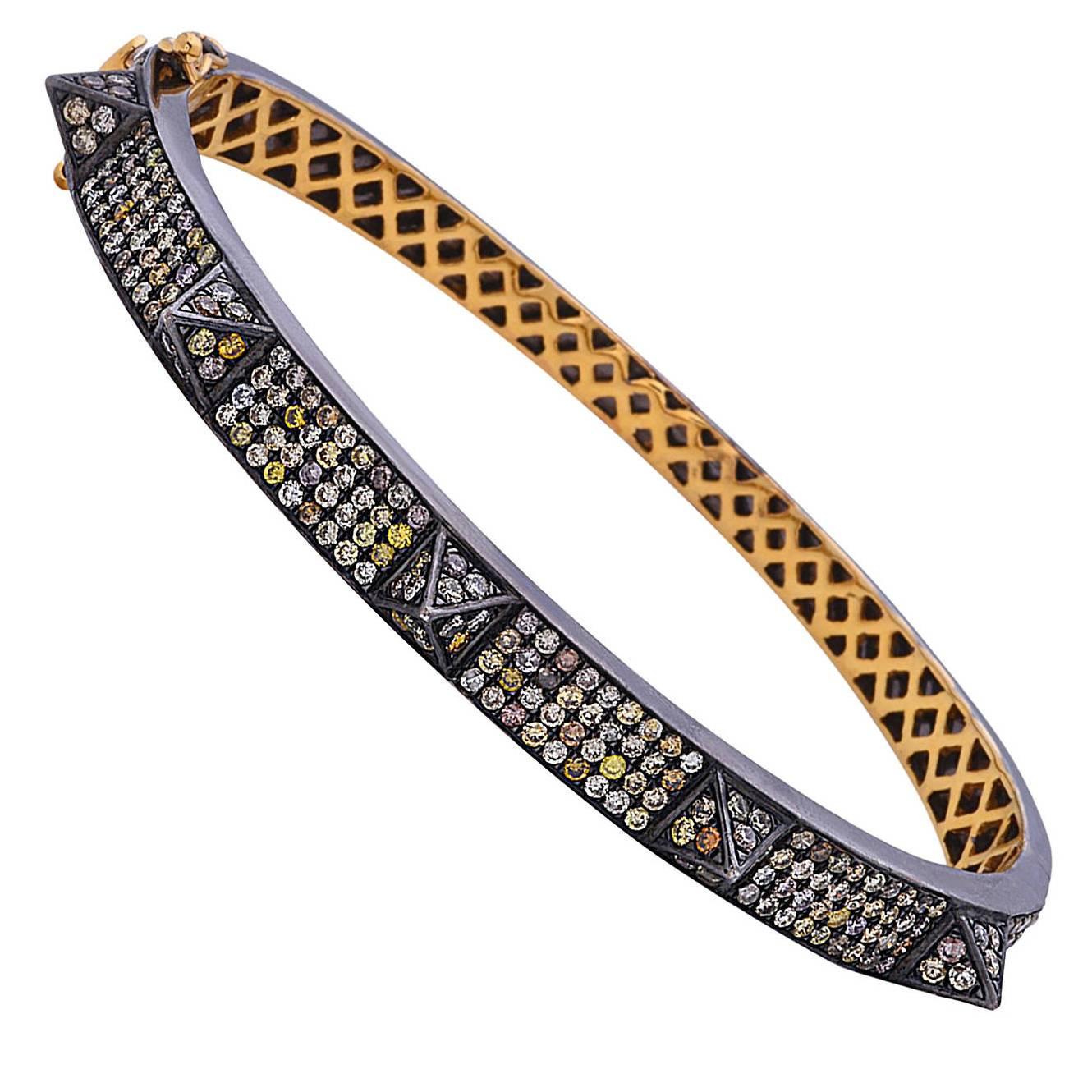 Fancy Yellow Pave Diamond Spike Bangle In 18k Gold & Silver For Sale