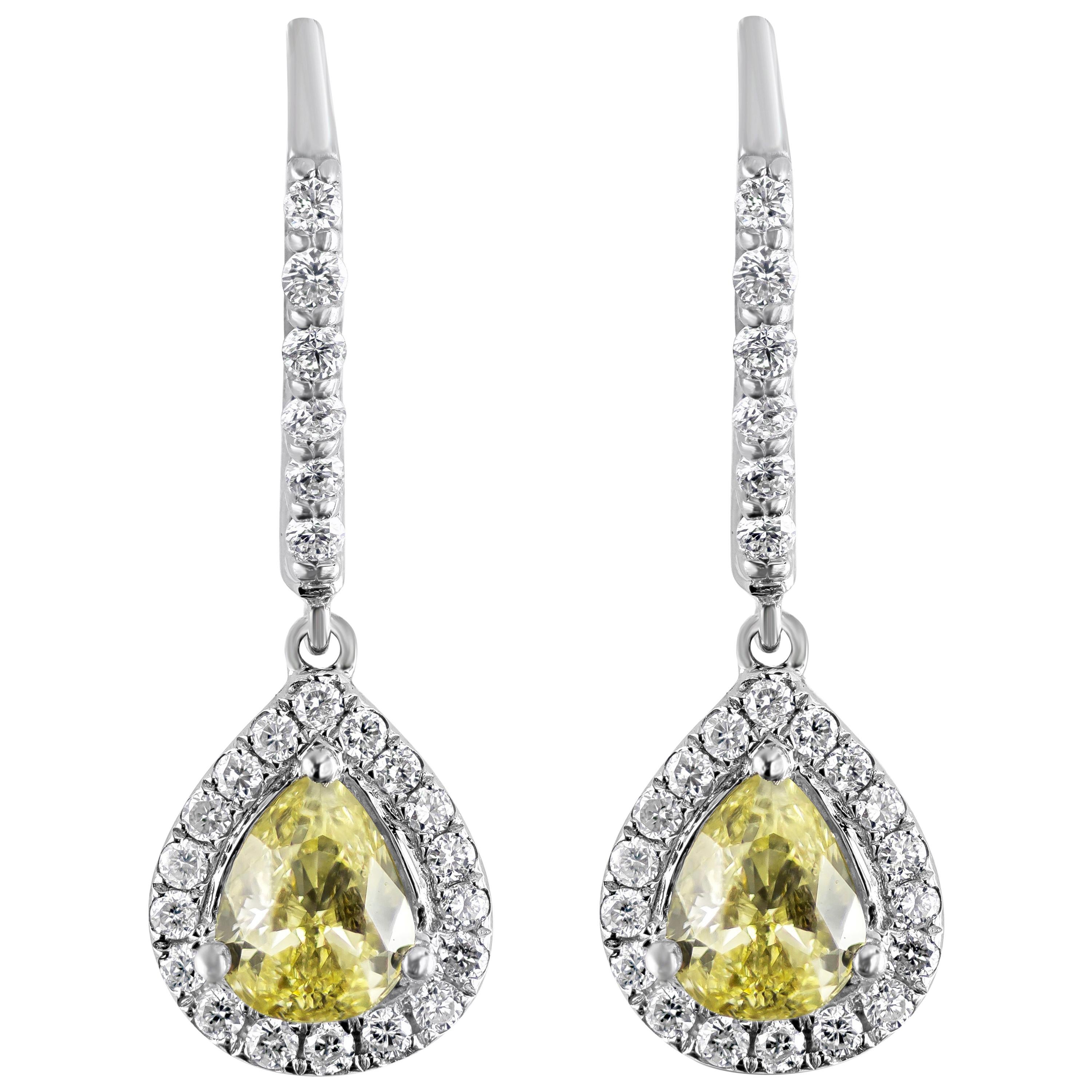 Roman Malakov, Fancy Yellow Pear Shape Diamond Halo Dangle Earrings For Sale