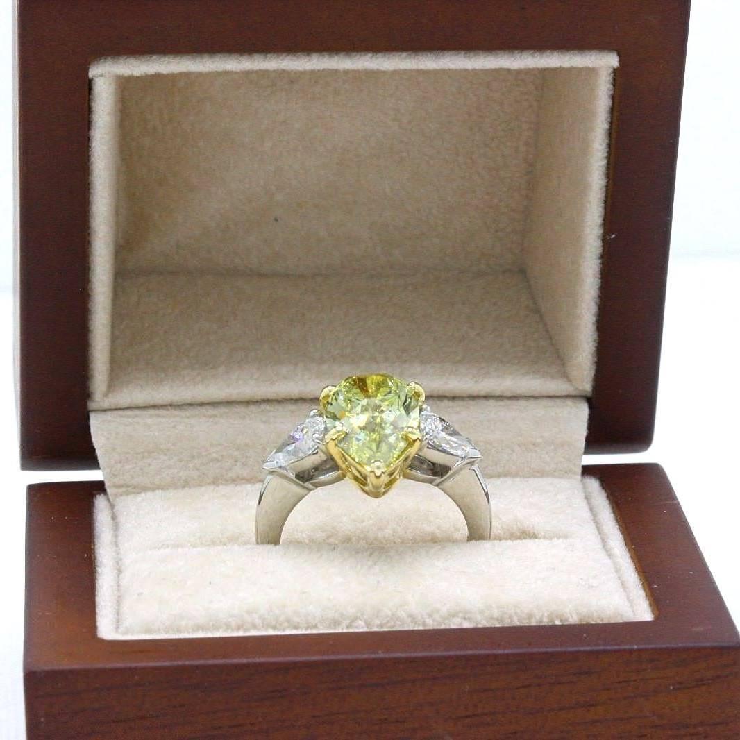 Fancy Yellow Pear Shape Three Stone 3.82TCW Diamond Engagement Ring in 18k GIA 3