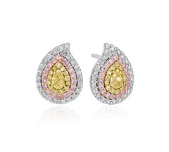 Fancy Yellow Pear Shaped 8K Gold Earrings with Pink, Yellow, & White Diamonds