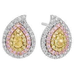 Fancy Yellow Pear Shaped 8K Gold Earrings with Pink, Yellow, 
White Diamonds