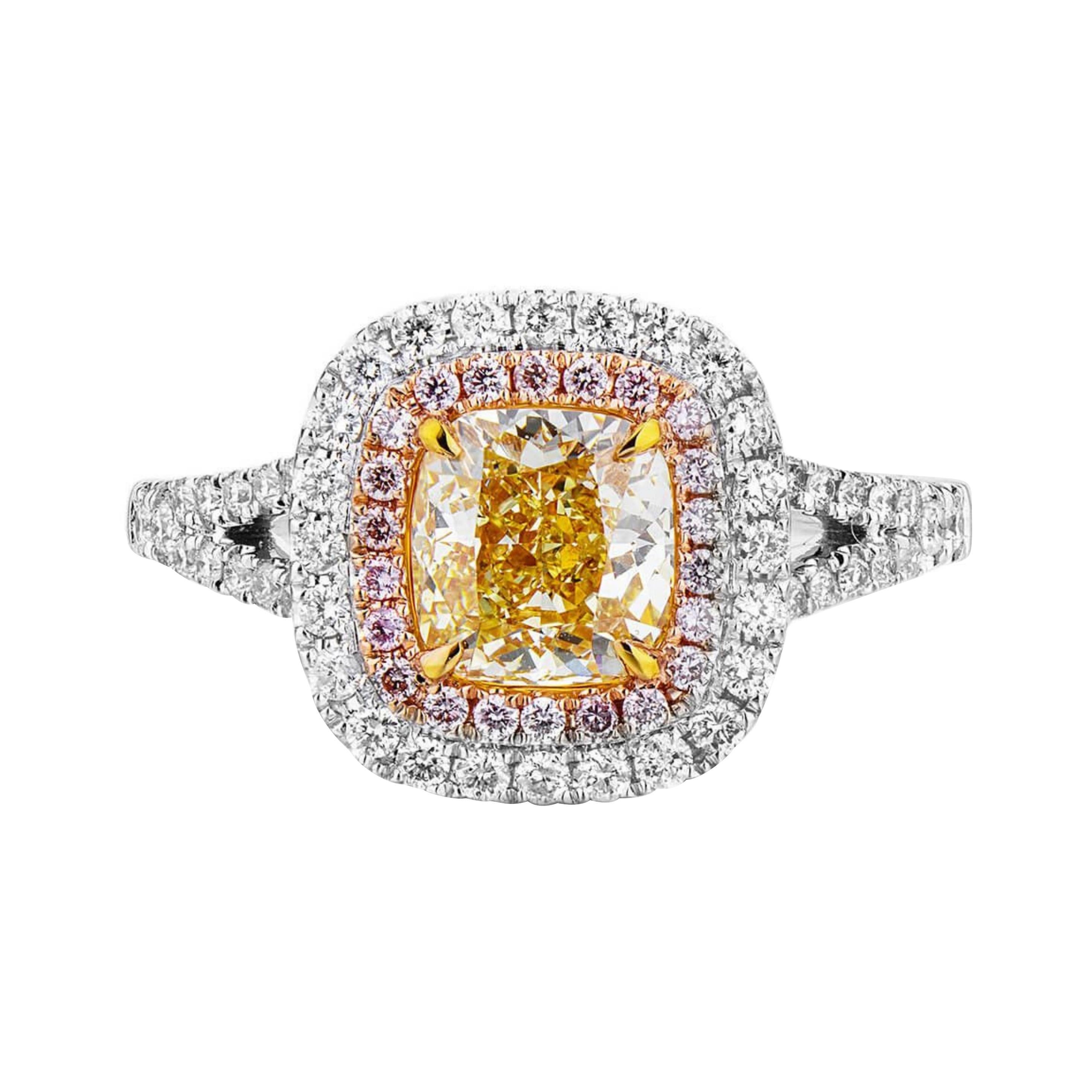 1.37 Carat Fancy Yellow  Pink Diamond Ring 18 Karat White Gold  For Sale