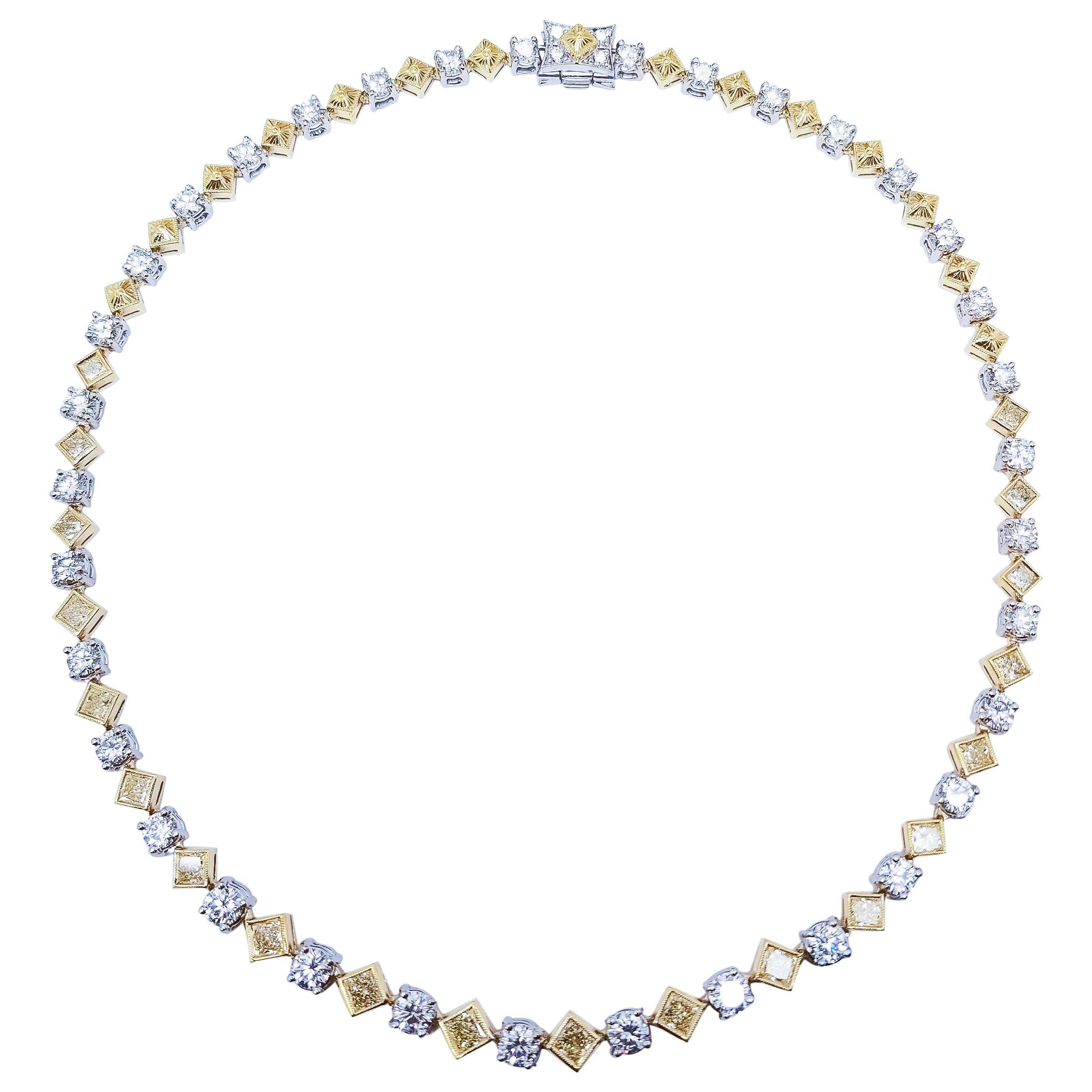Fancy Yellow Princess Cut and Round Brilliant Diamonds Platinum Necklace For Sale