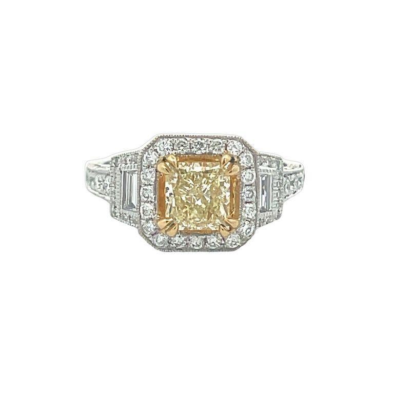 Art Deco Fancy Yellow Princess Cut Ring 1.30ct BG&RD.82ct 18K WG For Sale