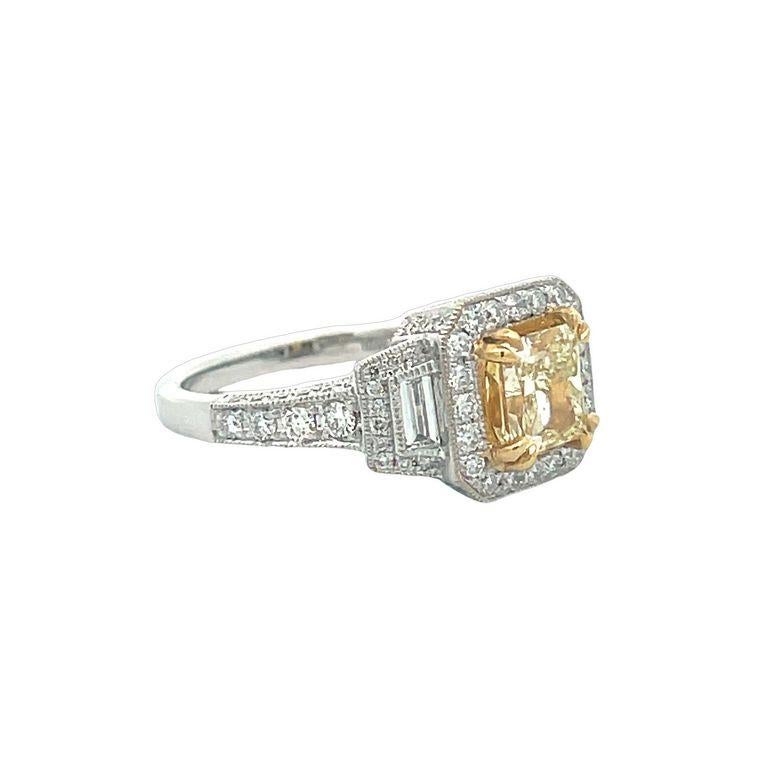 Fancy Yellow Princess Cut Ring 1.30ct BG&RD.82ct 18K WG In New Condition For Sale In New York, NY