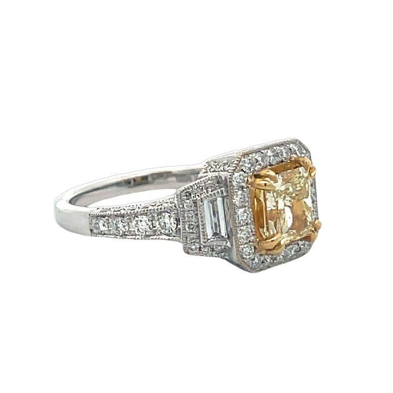 Women's or Men's Fancy Yellow Princess Cut Ring 1.30ct BG&RD.82ct 18K WG For Sale