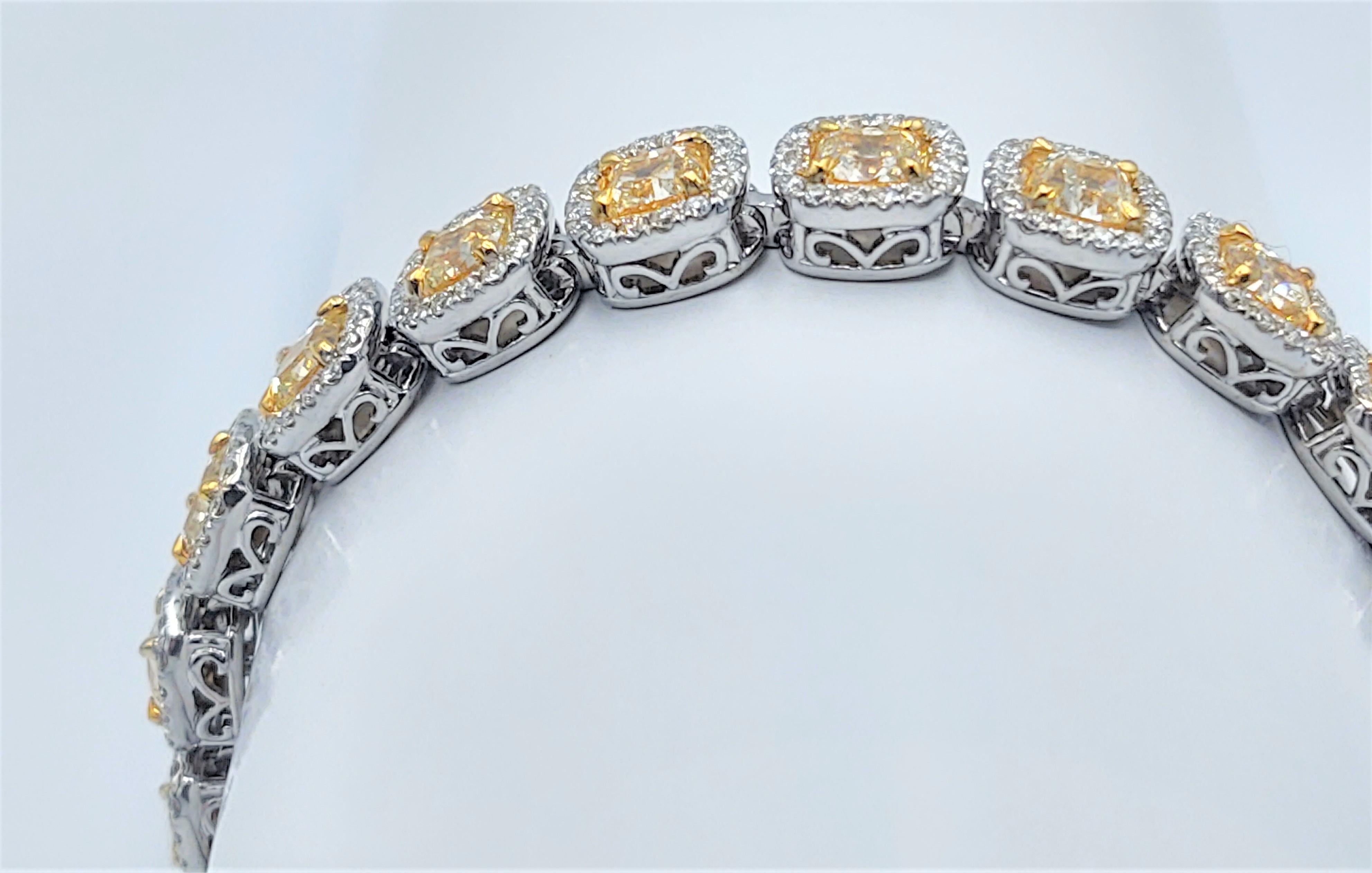 Contemporary Fancy Yellow Radiant 17.95 Carat Diamond Bracelet For Sale