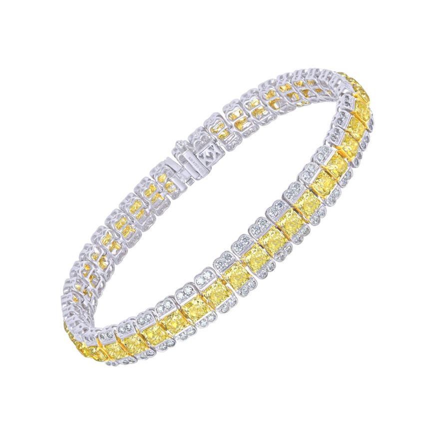 Fancy Yellow Radiant and Round Halo Tennis Bracelet, 12.63 Carat For Sale