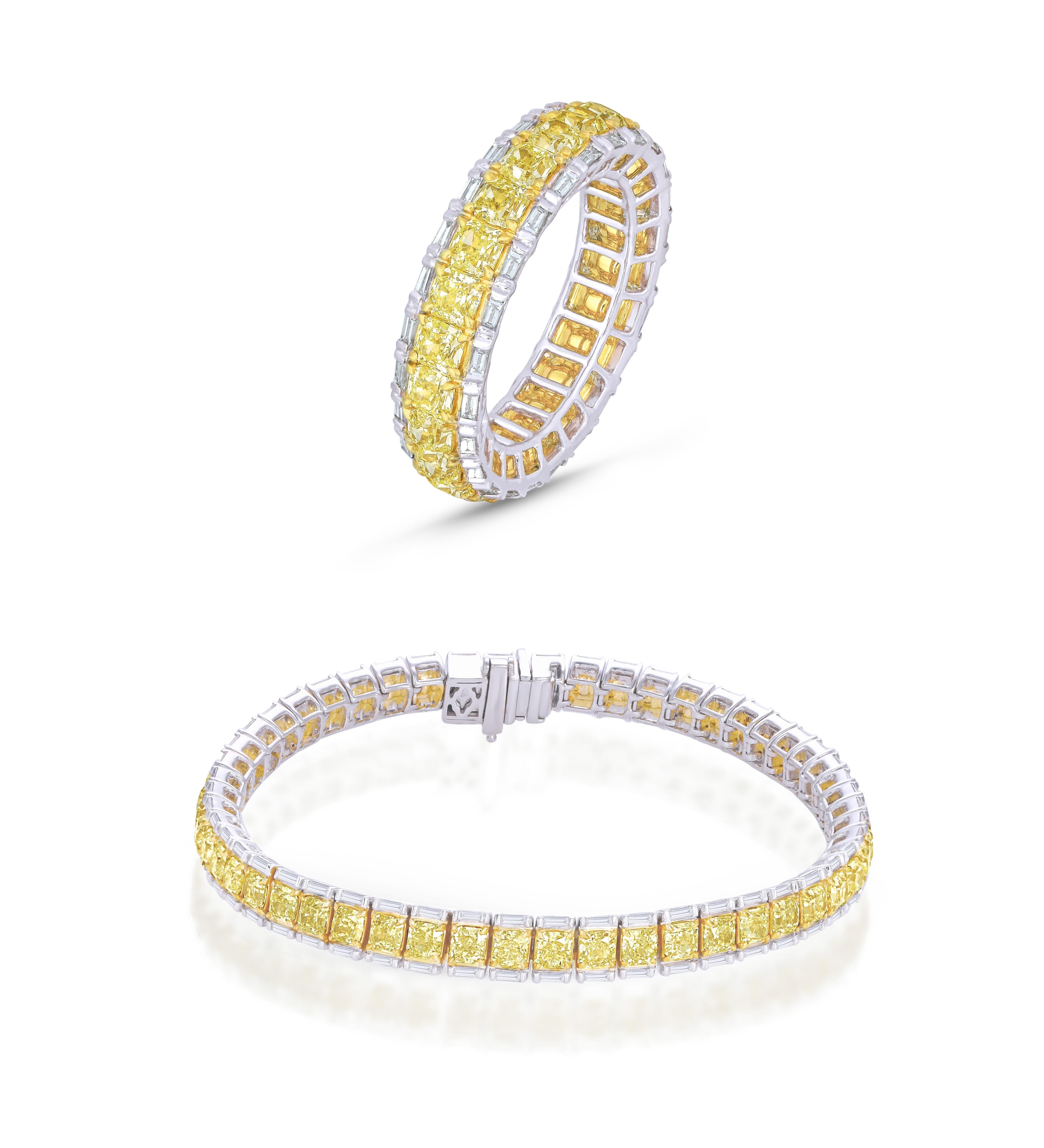 Radiant Cut Fancy Yellow Radiant and White Baguette Diamond Tennis Bracelet, 10.49 Carat For Sale