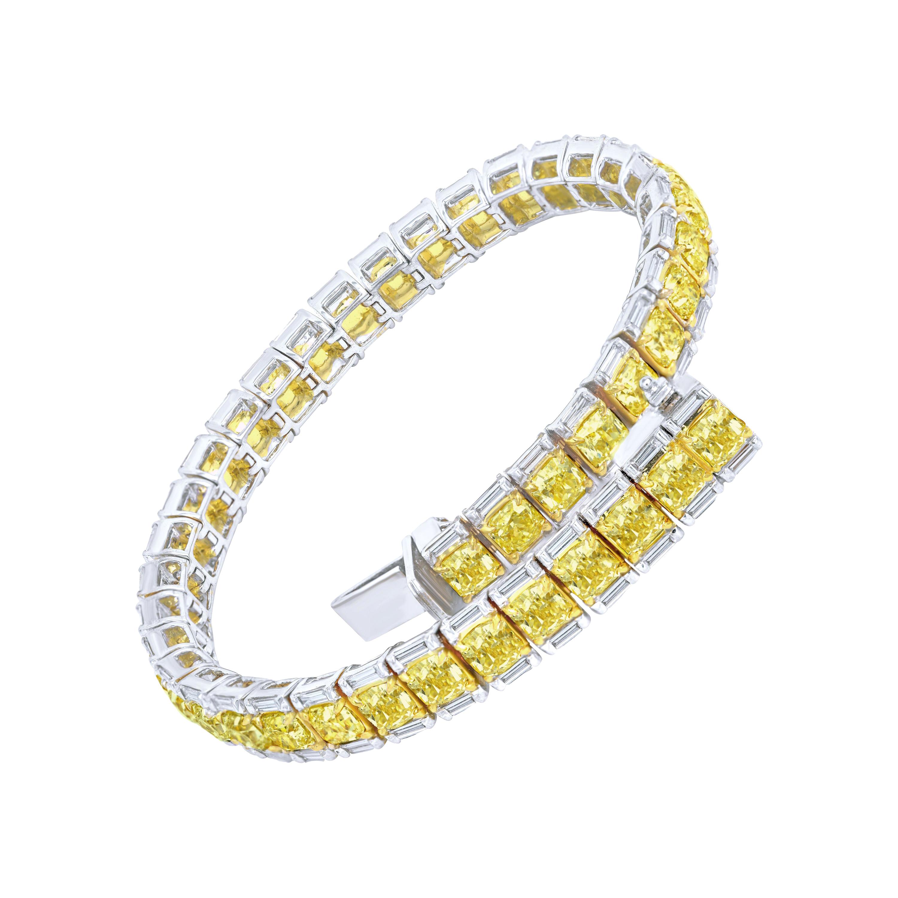 Fancy Yellow Radiant and White Baguette Diamond Tennis Bracelet, 10.49 Carat For Sale