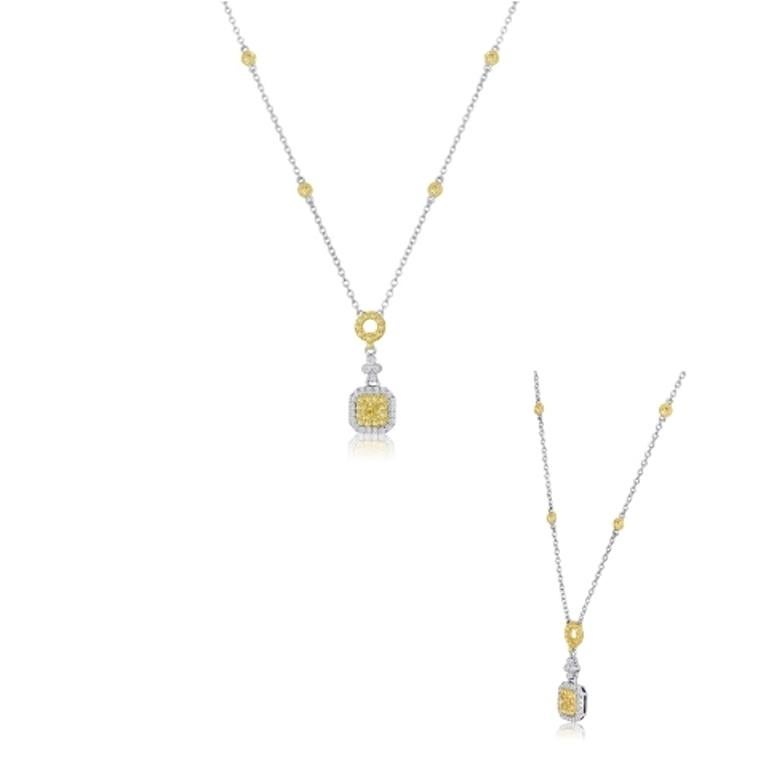 Fancy Yellow Radiant Cut Diamond Double Halo Two-Color Gold Pendant Necklace In New Condition In NEW YORK, NY