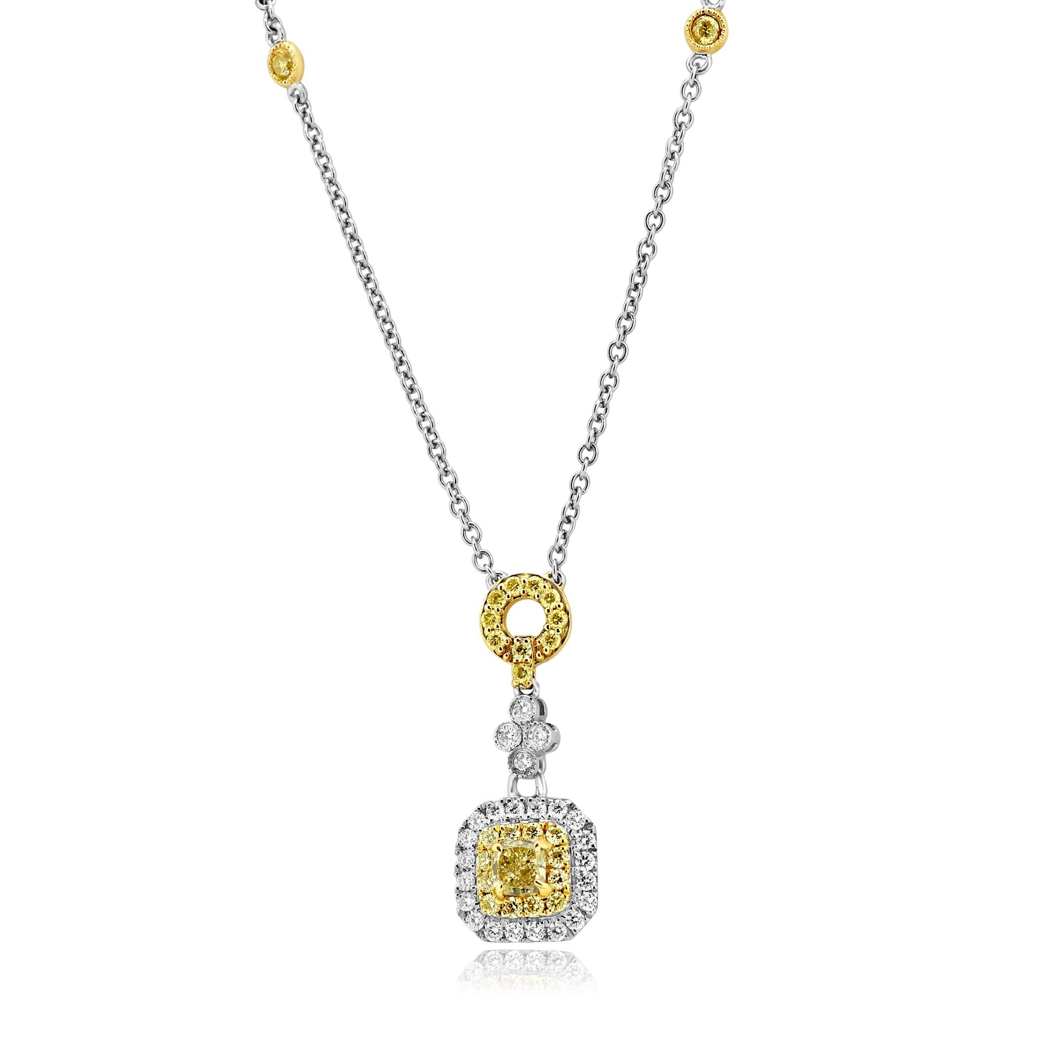 Natural Fancy Yellow Diamond Radiant Cut 0.34 carat Encircled in a Double Halo of Natural Fancy Yellow Diamond Round 0.53 Carat and White Round Diamond 0.25 Carat in Stunning 18K White and Yellow Gold Diamond By Yard Pendant  Necklace.

Style