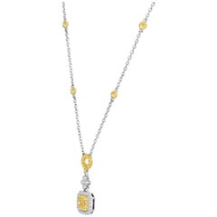 Fancy Yellow Radiant Cut Diamond Double Halo Two-Color Gold Pendant Necklace
