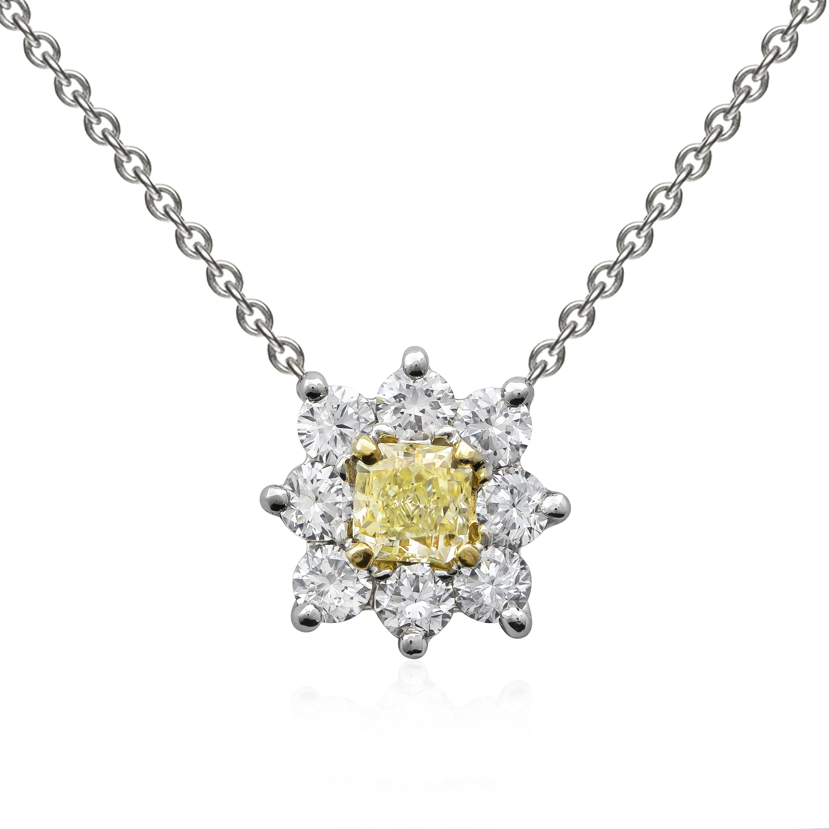 Fancy Yellow Radiant Cut Diamond Starburst Pendant Necklace