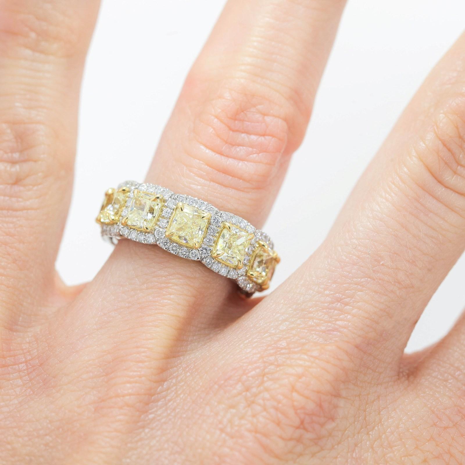 7.39 Carats Of Fancy Yellow Radiant & Round Cut Diamonds Eternity Band Ring In Excellent Condition In Beverly Hills, CA