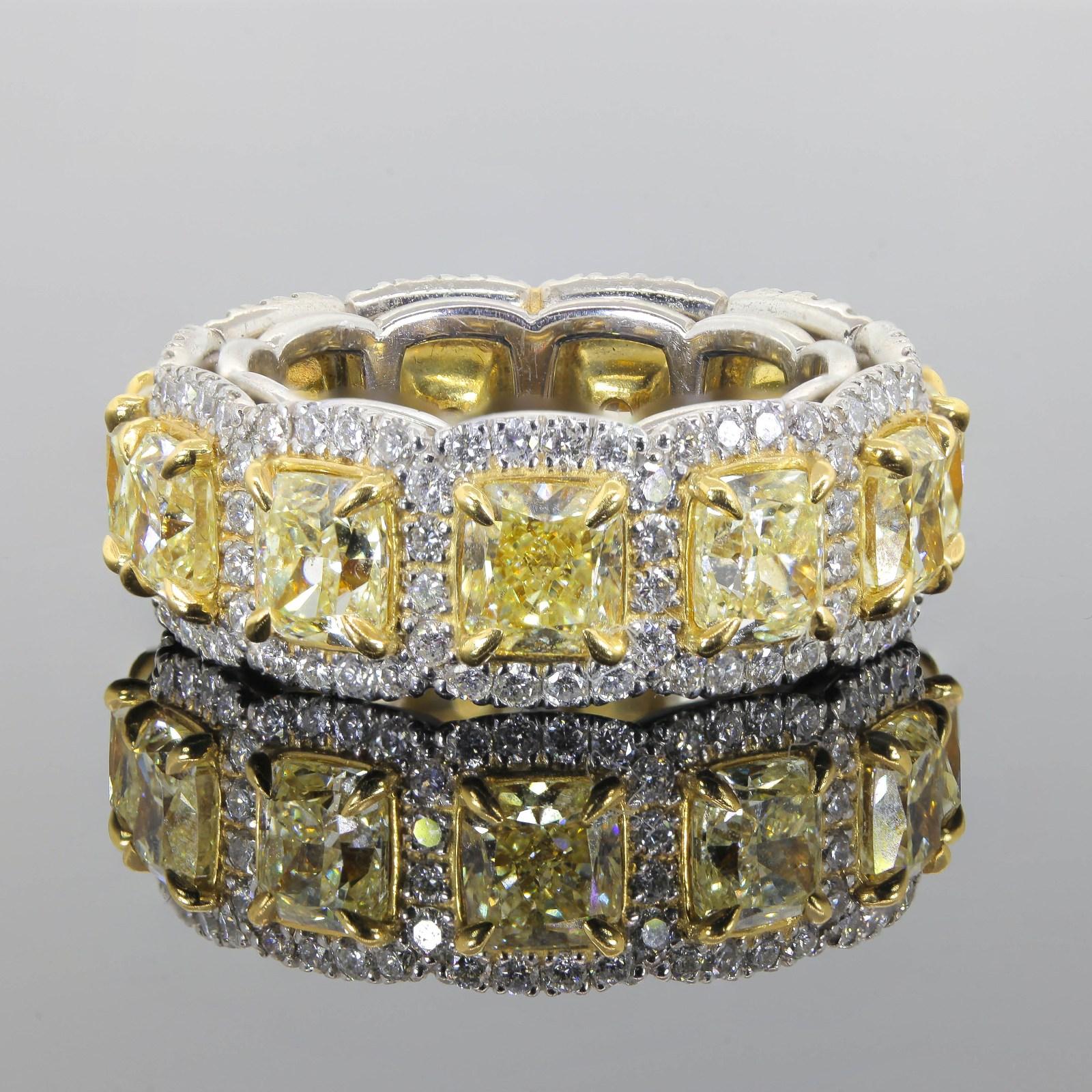 Women's 7.39 Carats Of Fancy Yellow Radiant & Round Cut Diamonds Eternity Band Ring