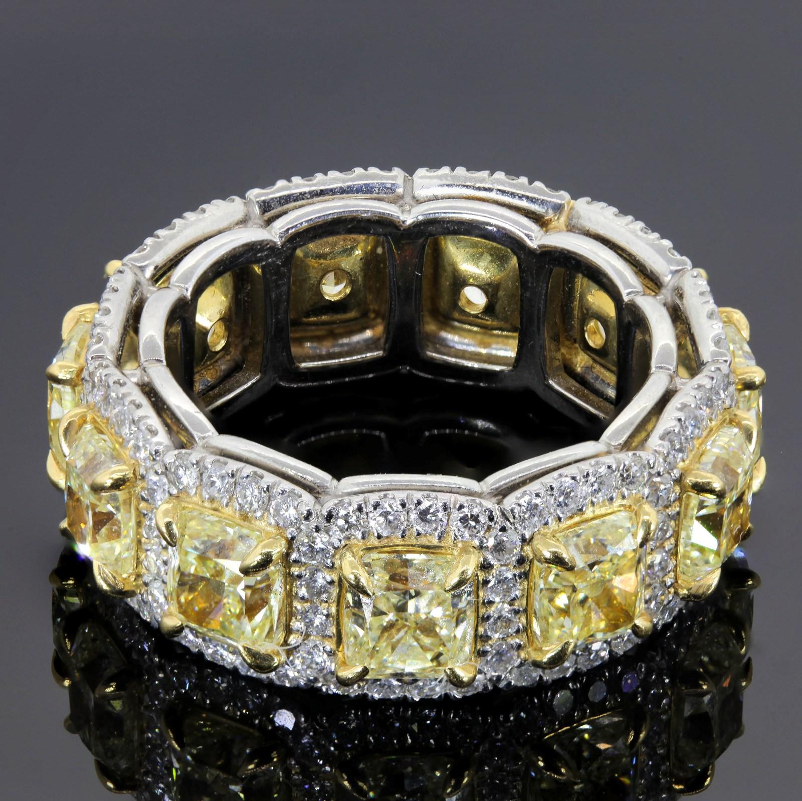 7.39 Carats Of Fancy Yellow Radiant & Round Cut Diamonds Eternity Band Ring 1