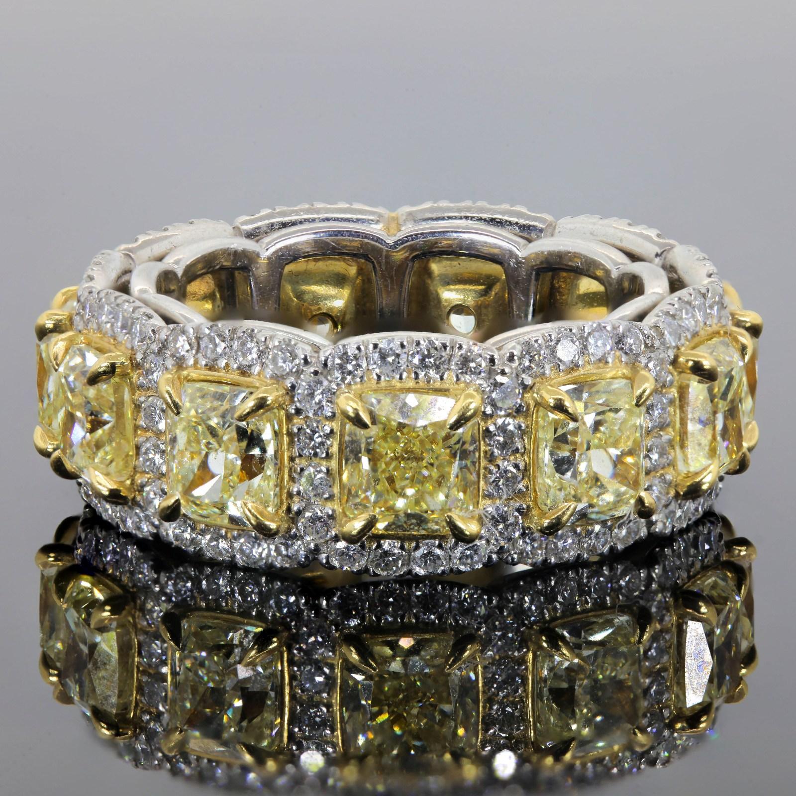 7.39 Carats Of Fancy Yellow Radiant & Round Cut Diamonds Eternity Band Ring 2