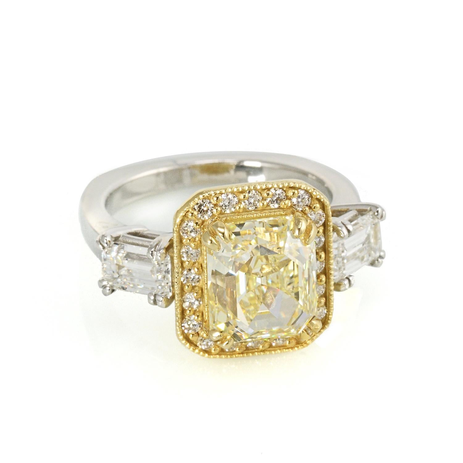 Modern Fancy Yellow Radiant Cut Three-Stone Halo Set Diamond Engagement Ring