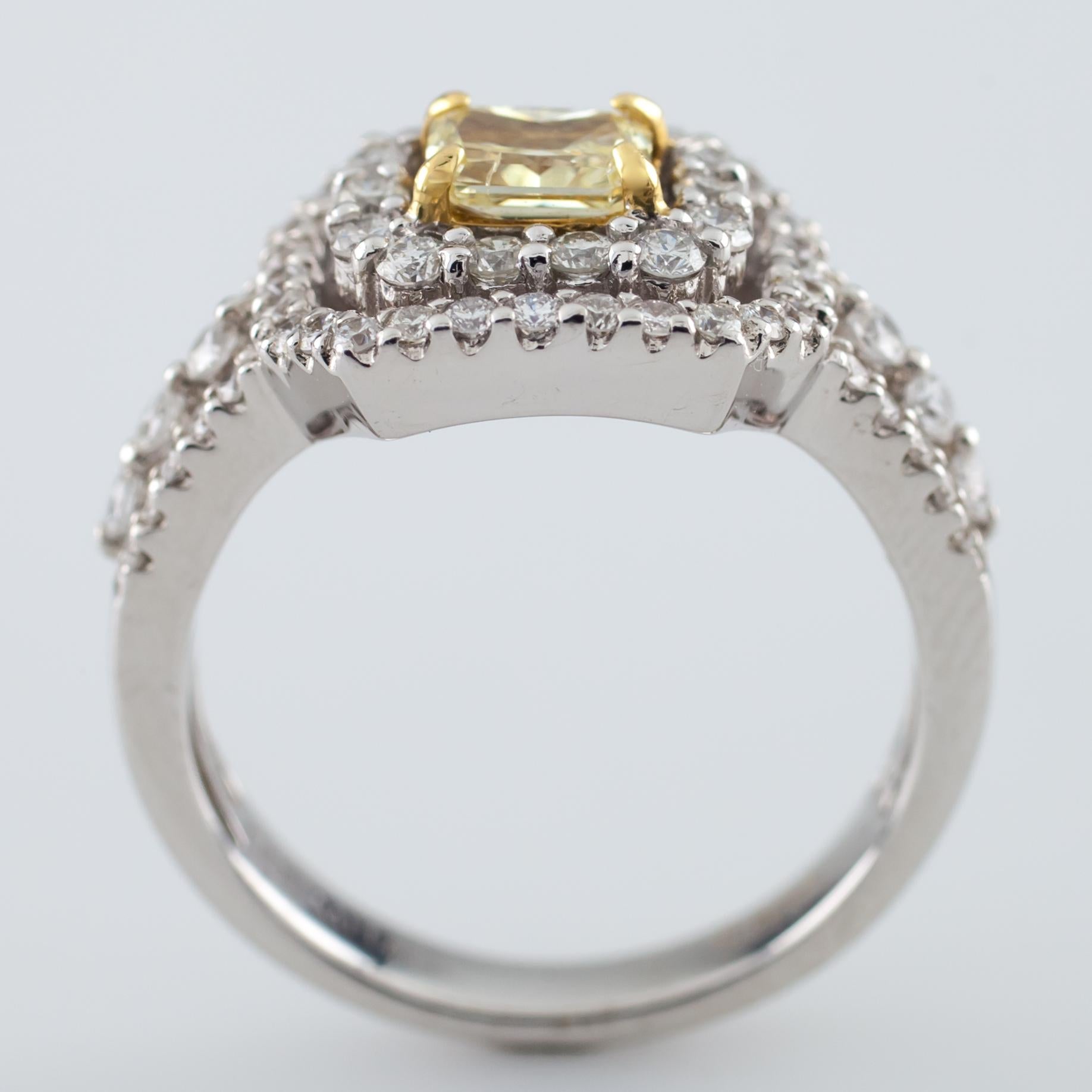 Fancy Yellow Radiant Diamond 18 Karat Two-Tone Gold Halo Ring 1