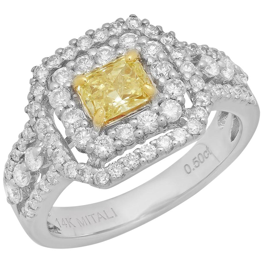 Fancy Yellow Radiant Diamond 18 Karat Two-Tone Gold Halo Ring