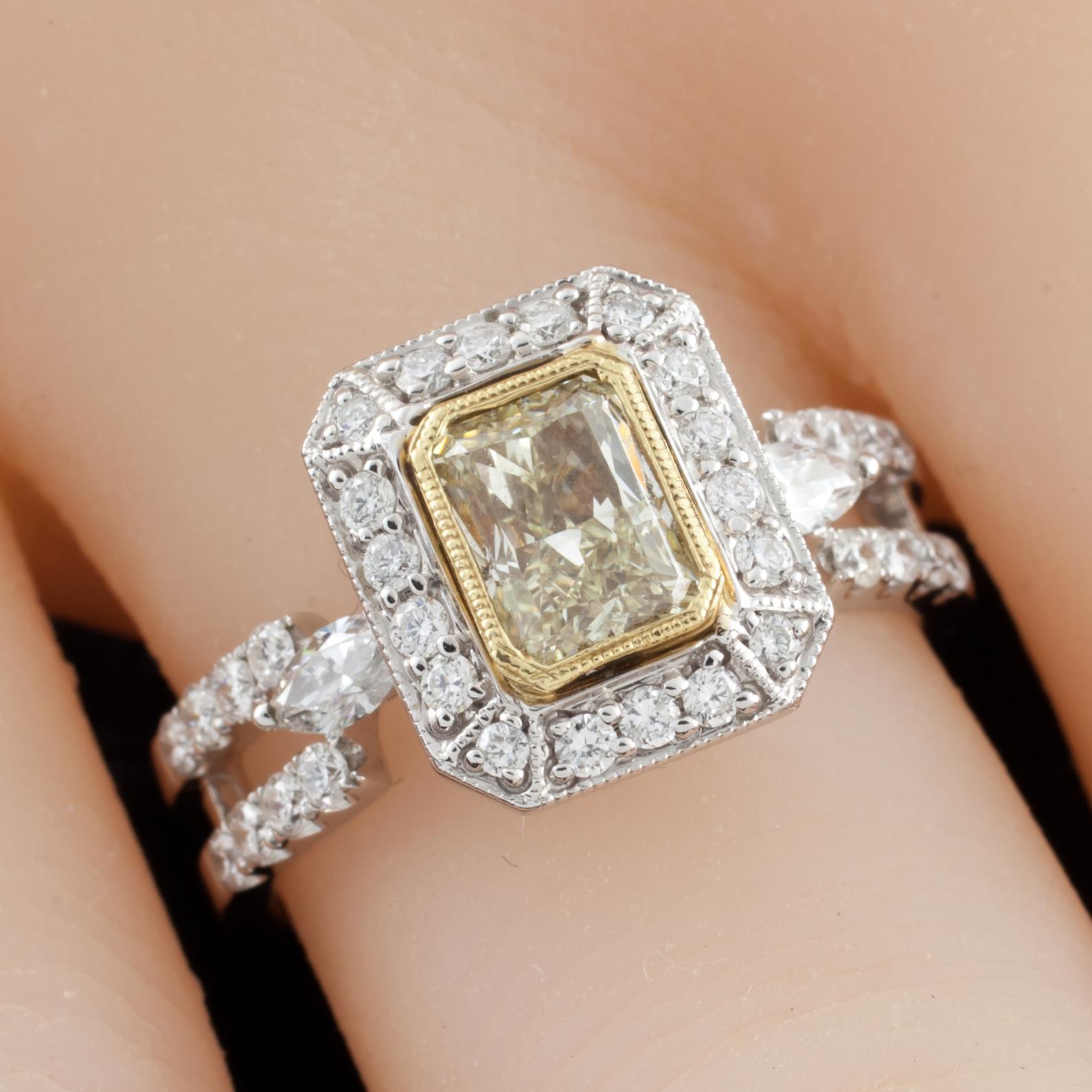 Radiant Cut Fancy Yellow Radiant Diamond 18 Karat Two-Tone Gold Ring