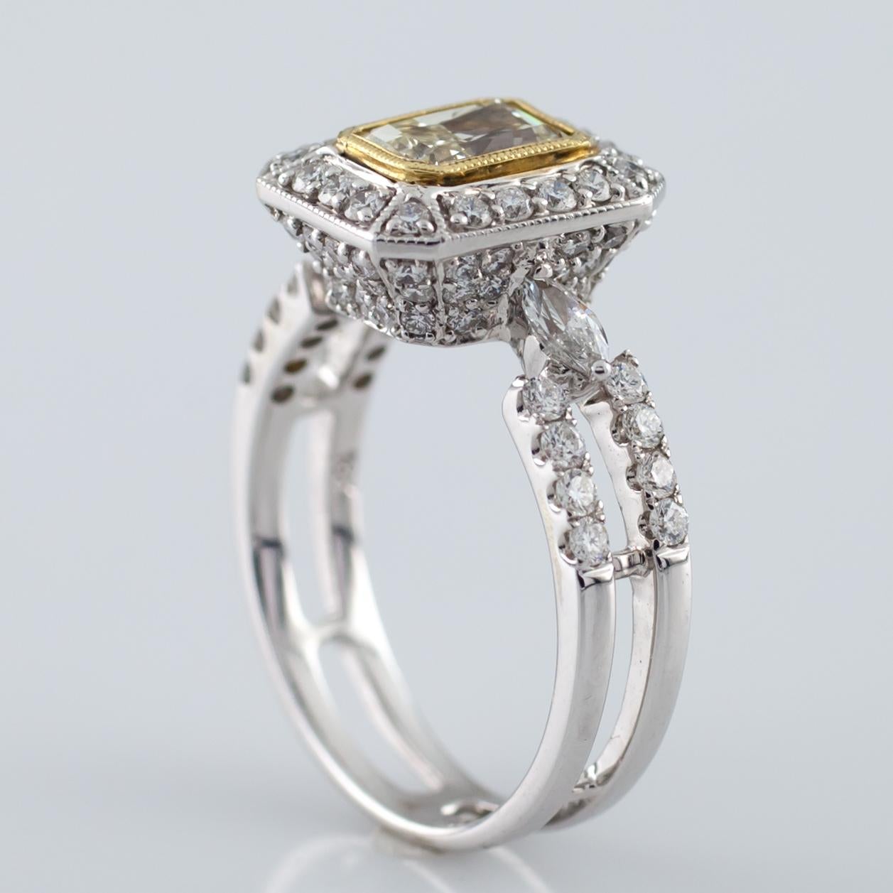 Fancy Yellow Radiant Diamond 18 Karat Two-Tone Gold Ring In New Condition In Sherman Oaks, CA