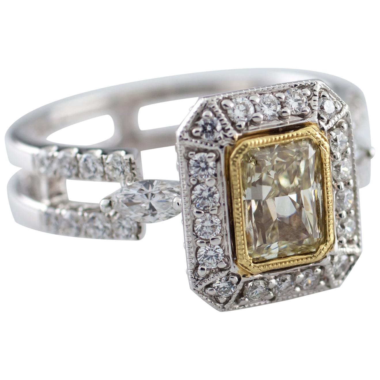 Fancy Yellow Radiant Diamond 18 Karat Two-Tone Gold Ring