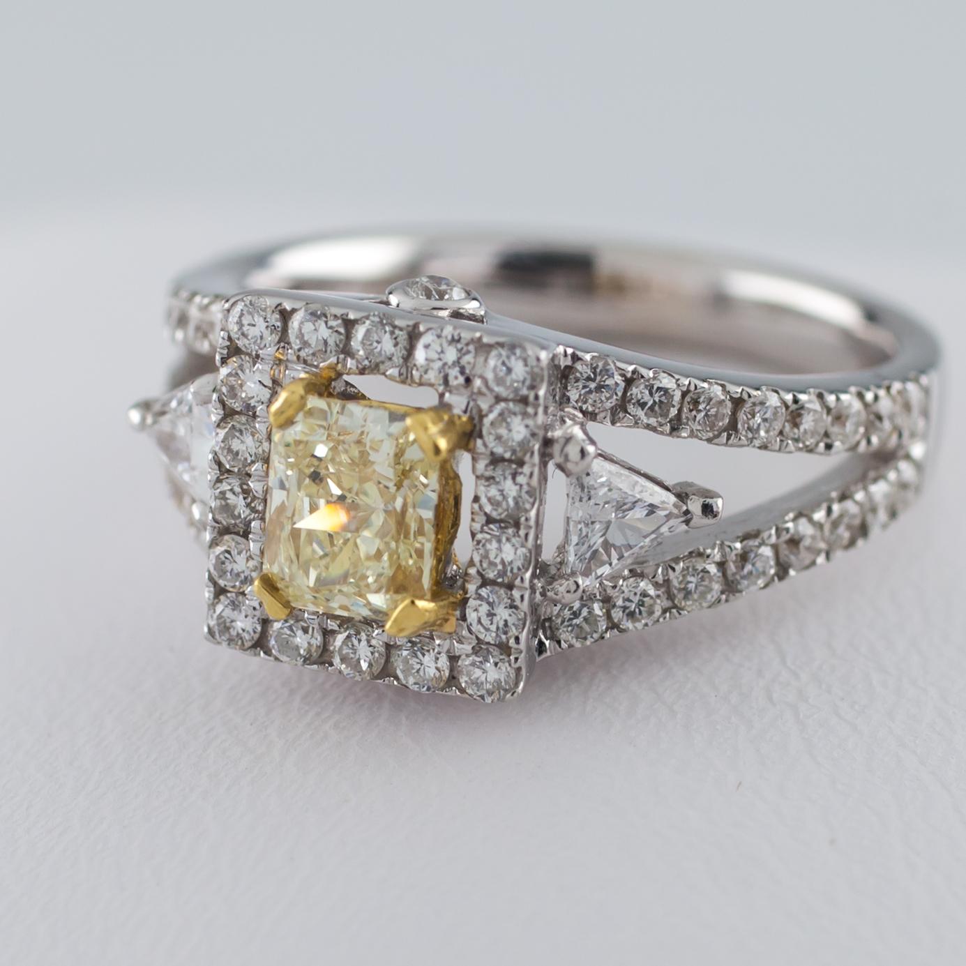 Radiant Cut Fancy Yellow Radiant Diamond 18 Karat Two-Tone Gold Solitaire Ring