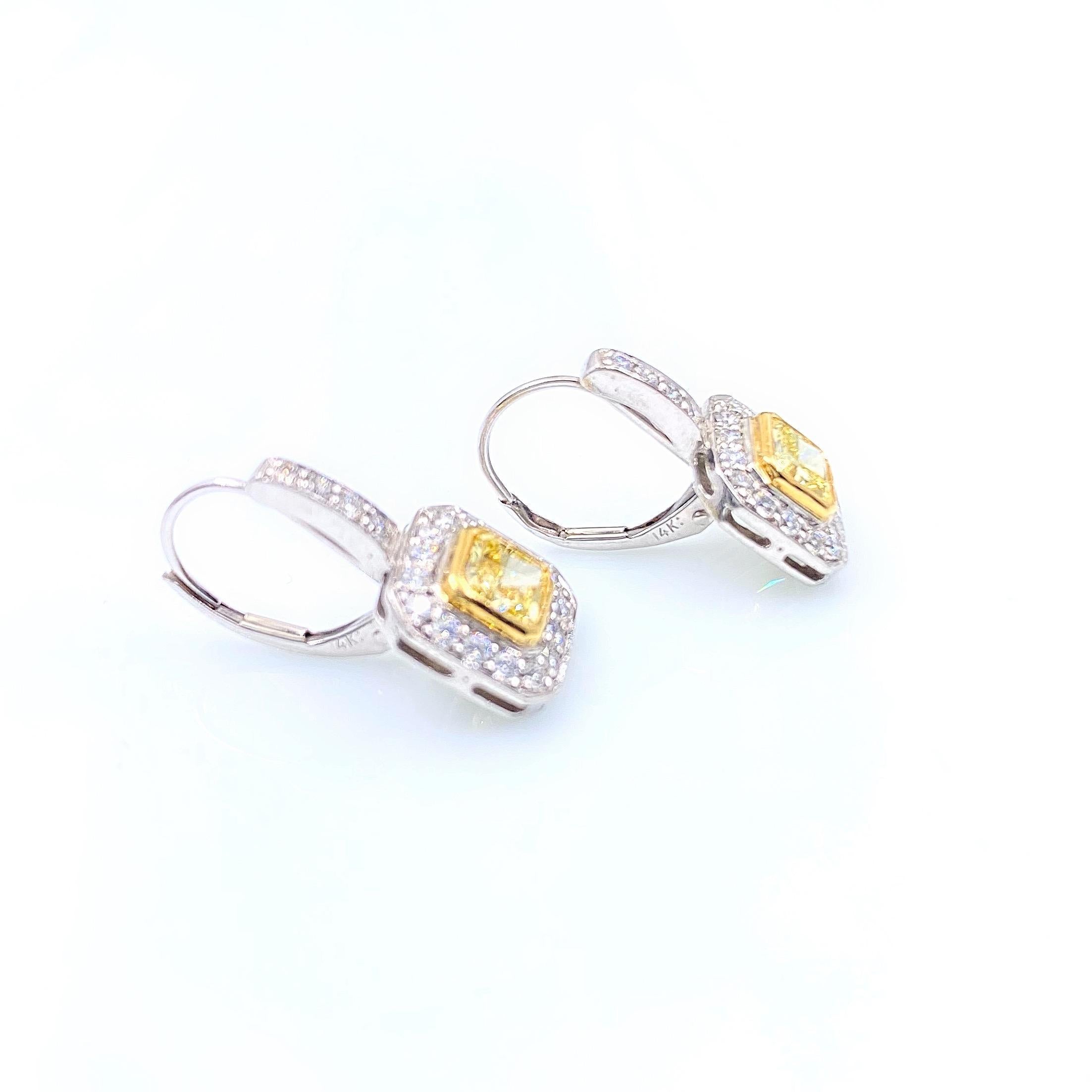 Fancy Yellow Radiant Diamond Bezel Set Halo Earrings 14 Karat White Yellow Gold 5