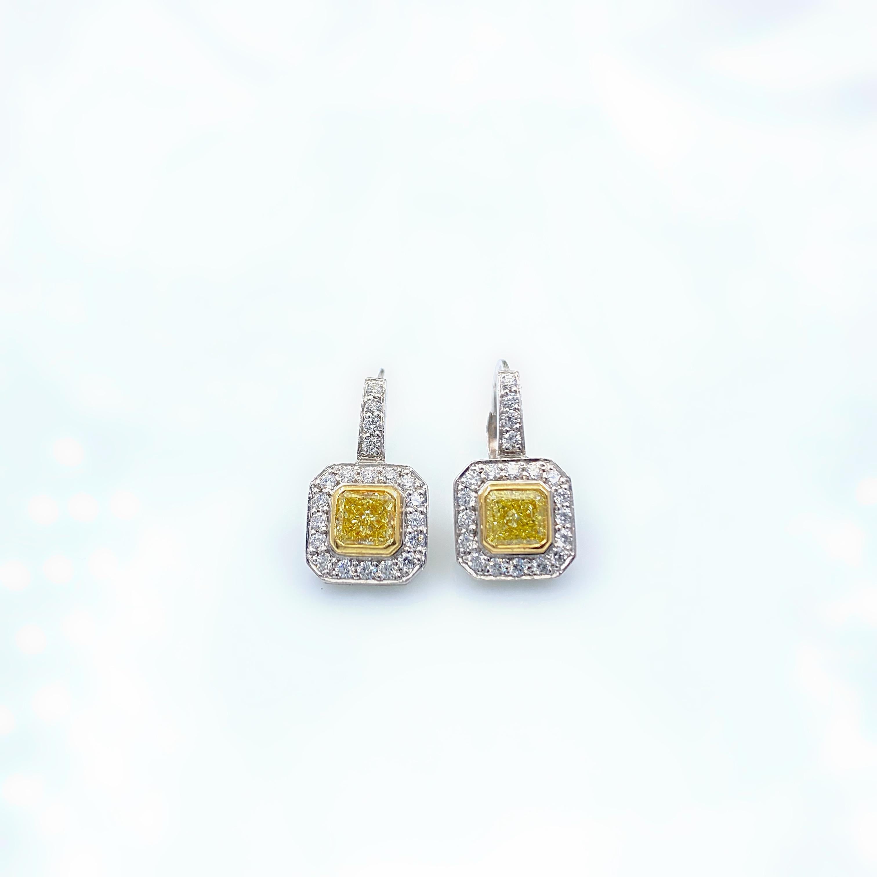 Fancy Yellow Radiant Diamond Bezel Set Halo Earrings 14 Karat White Yellow Gold 6
