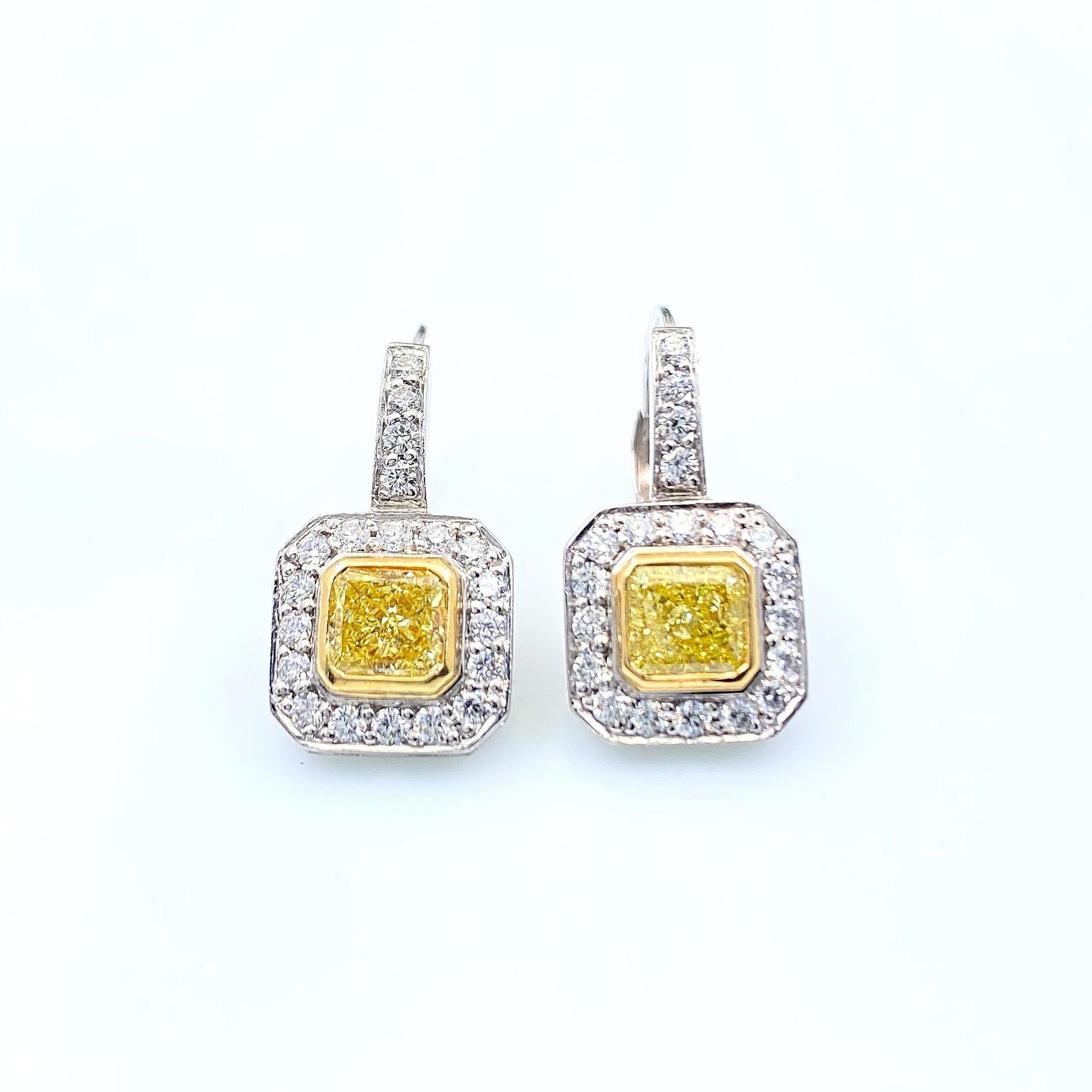 Fancy Yellow Radiant Diamond Bezel Set Halo Earrings 14 Karat White Yellow Gold 8