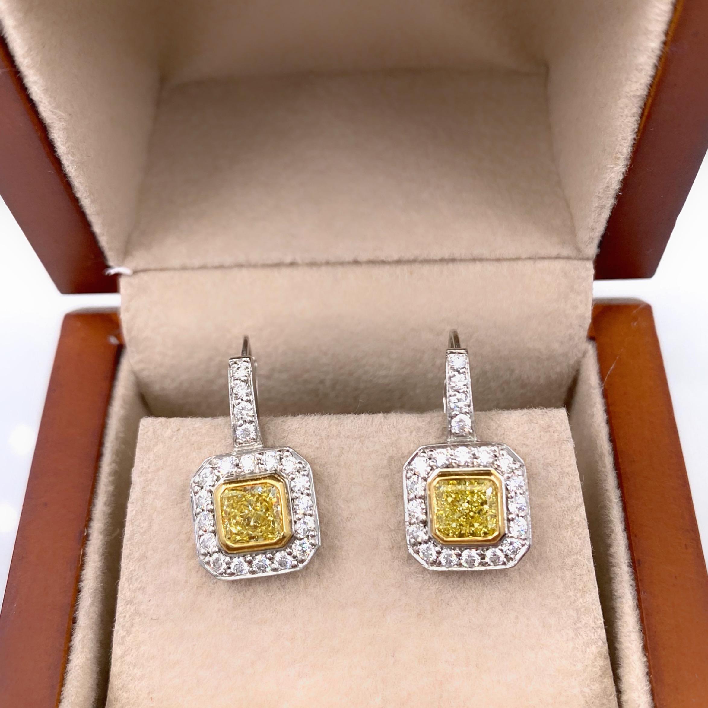 Fancy Yellow Radiant Diamond Bezel Set Halo Earrings 14 Karat White Yellow Gold 10