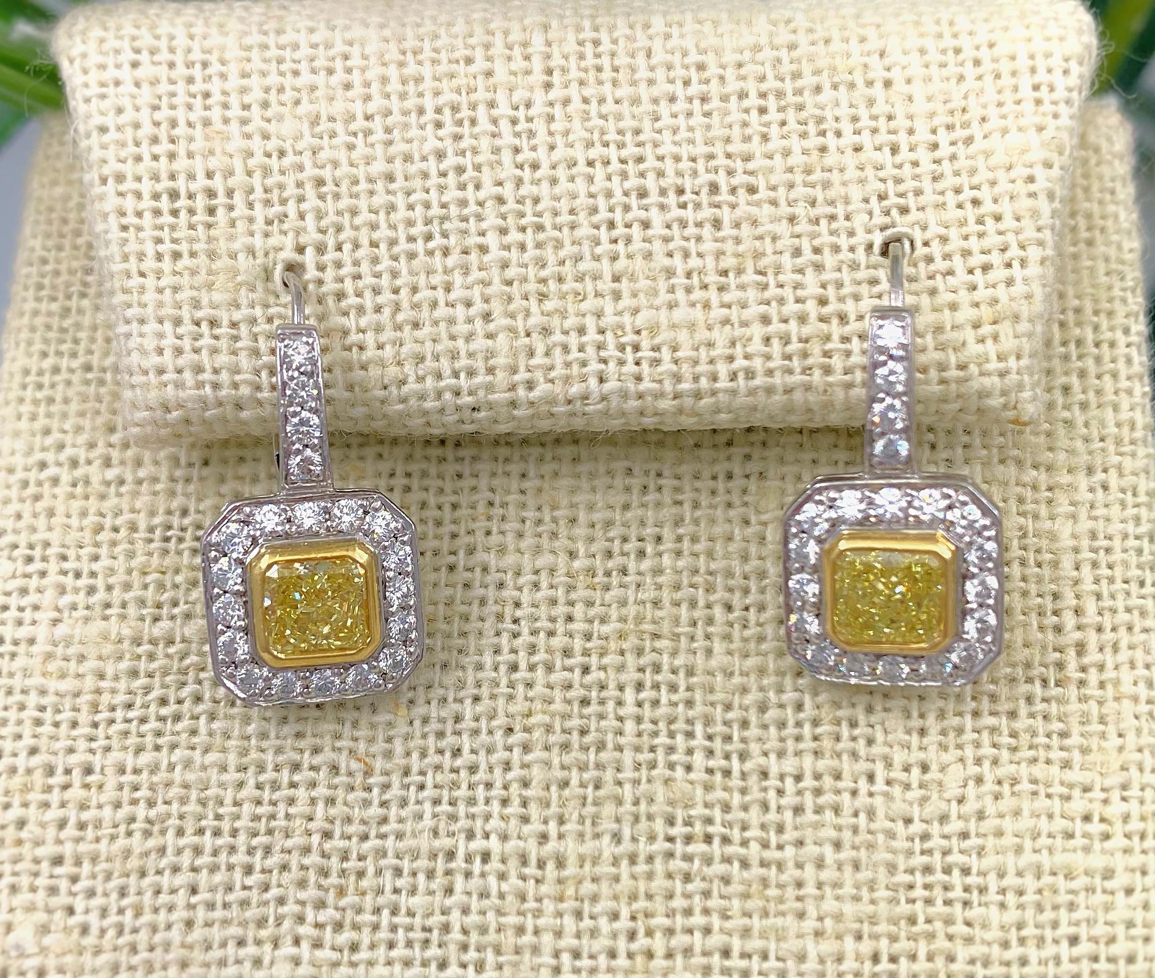 Fancy Yellow Radiant Diamond Bezel Set Halo Earrings 14 Karat White Yellow Gold 11