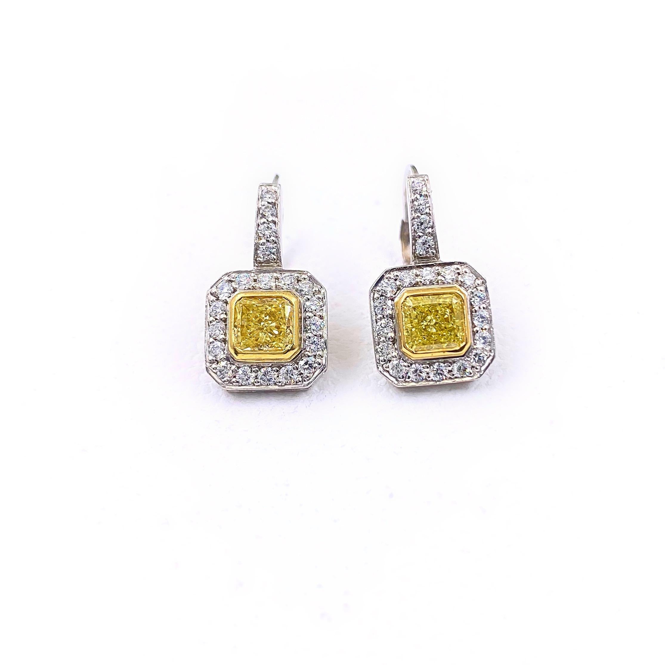 Fancy Yellow Radiant Diamond Bezel Set Halo Earrings 14 Karat White Yellow Gold 12