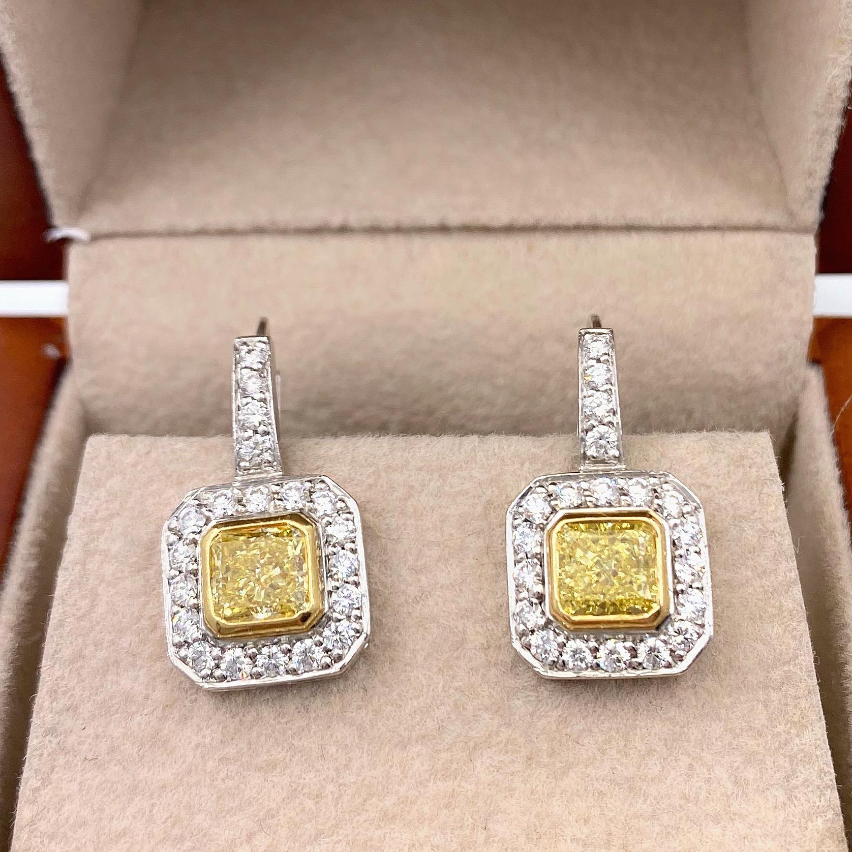 Fancy Yellow Radiant Diamond Bezel Set Halo Earrings 14 Karat White Yellow Gold In Excellent Condition In San Diego, CA