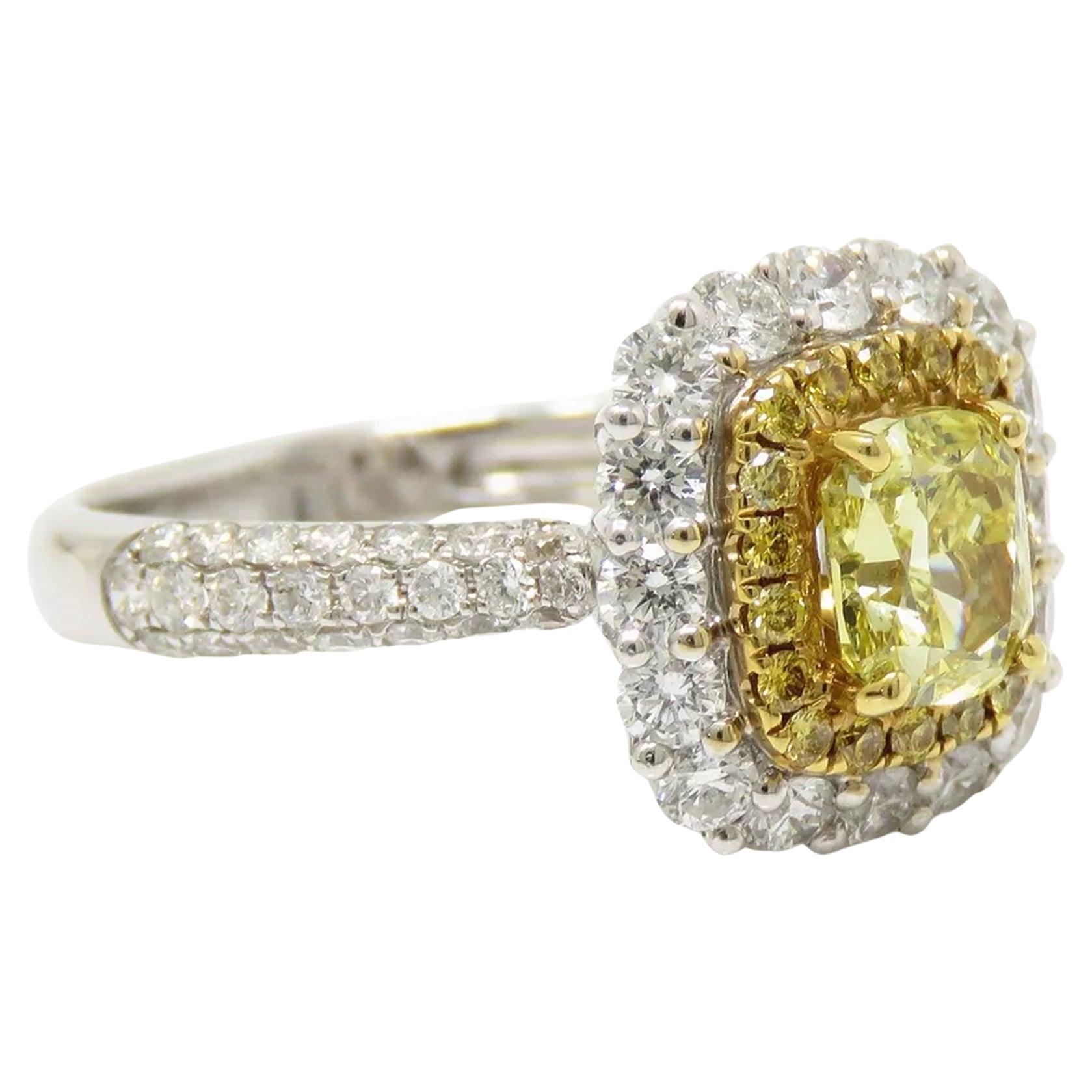 Radiant Cut Fancy Yellow Radiant Diamond Cocktail Ring For Sale