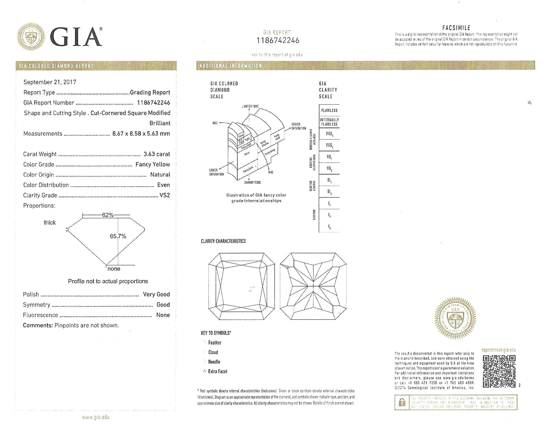 Fancy Yellow Radiant Diamond Ring 4.78 Carats Total Weight Platinum/18KYG GIA

STUNNING!!!

Radiant Cut Diamond 3.63 carats

Fancy Yellow Color VS2 Clarity

With GIA Certificate # 1186742246

Total Carat Weight of Small Round Diamonds 1.15 carats

F