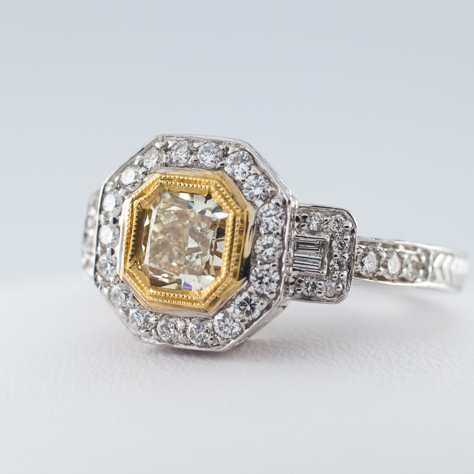 Radiant Cut Fancy Yellow Radiant Diamond Solitaire 18 Karat Two-Tone Gold Ring