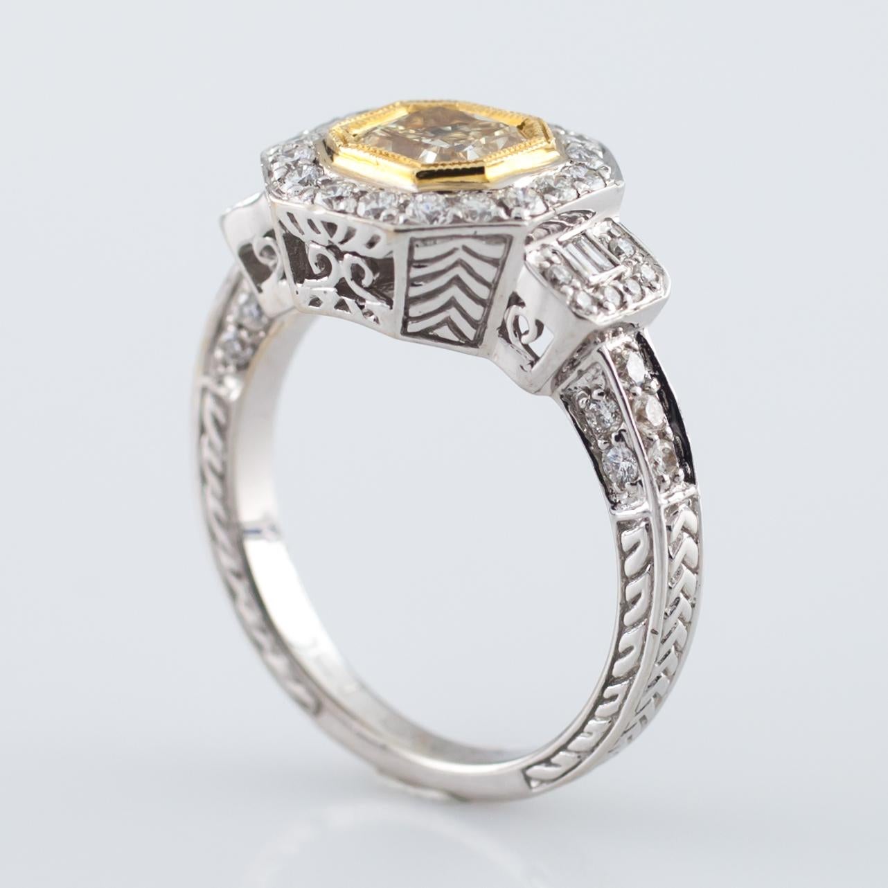 Women's Fancy Yellow Radiant Diamond Solitaire 18 Karat Two-Tone Gold Ring