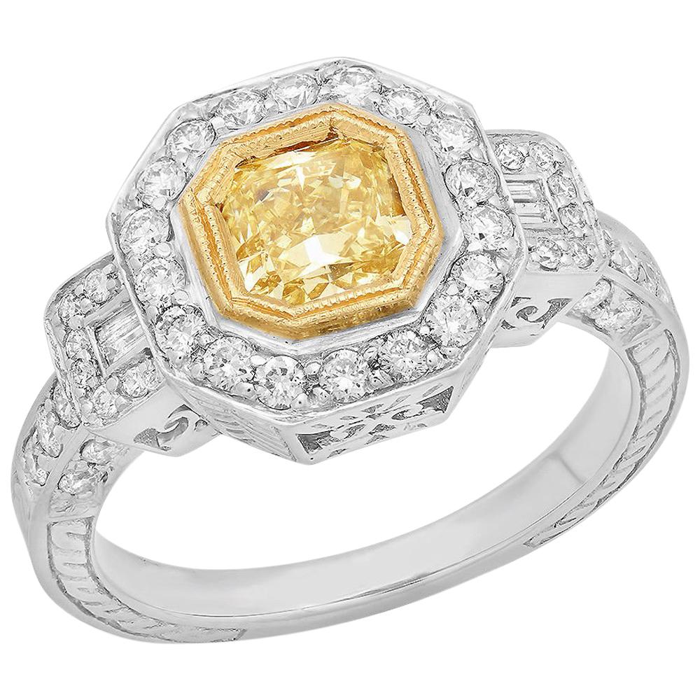 Fancy Yellow Radiant Diamond Solitaire 18 Karat Two-Tone Gold Ring