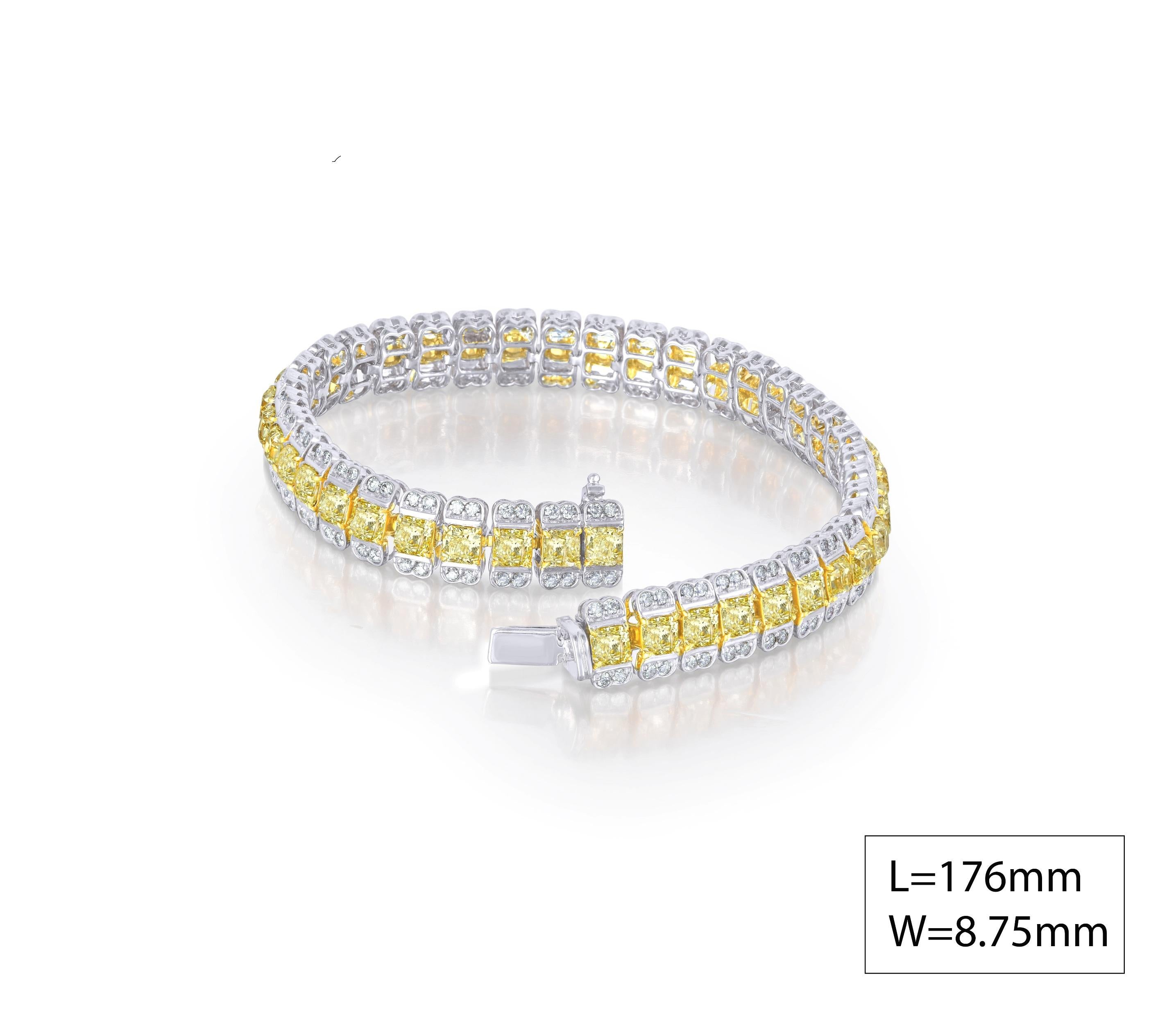 Luxurious tennis bracelet studded with perfectly crafted & calibrated yellow radiant natural diamonds. The yellow diamonds are surrounded by flawless white round diamond. Very flexible and perfect for all hands. 

Made exclusively at the state of