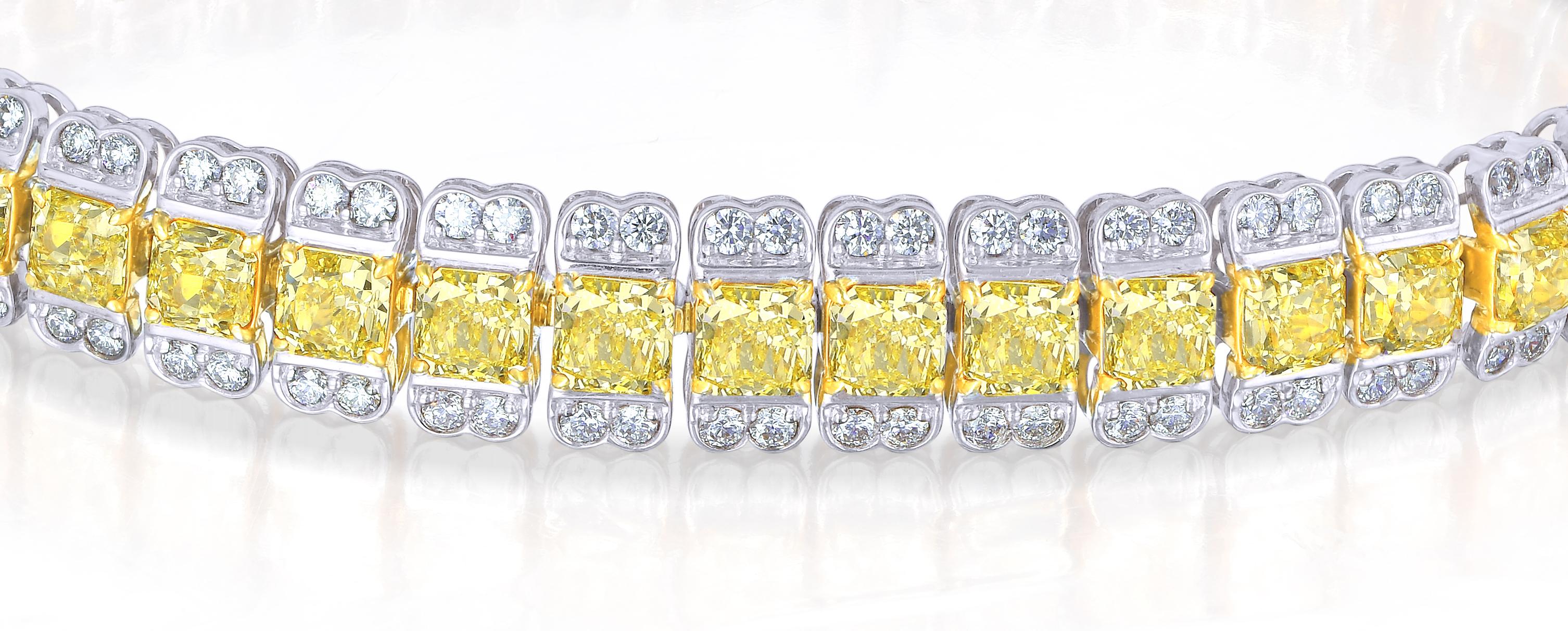 Modern Fancy Yellow Radiant and Round Halo Tennis Bracelet, 12.63 Carat For Sale