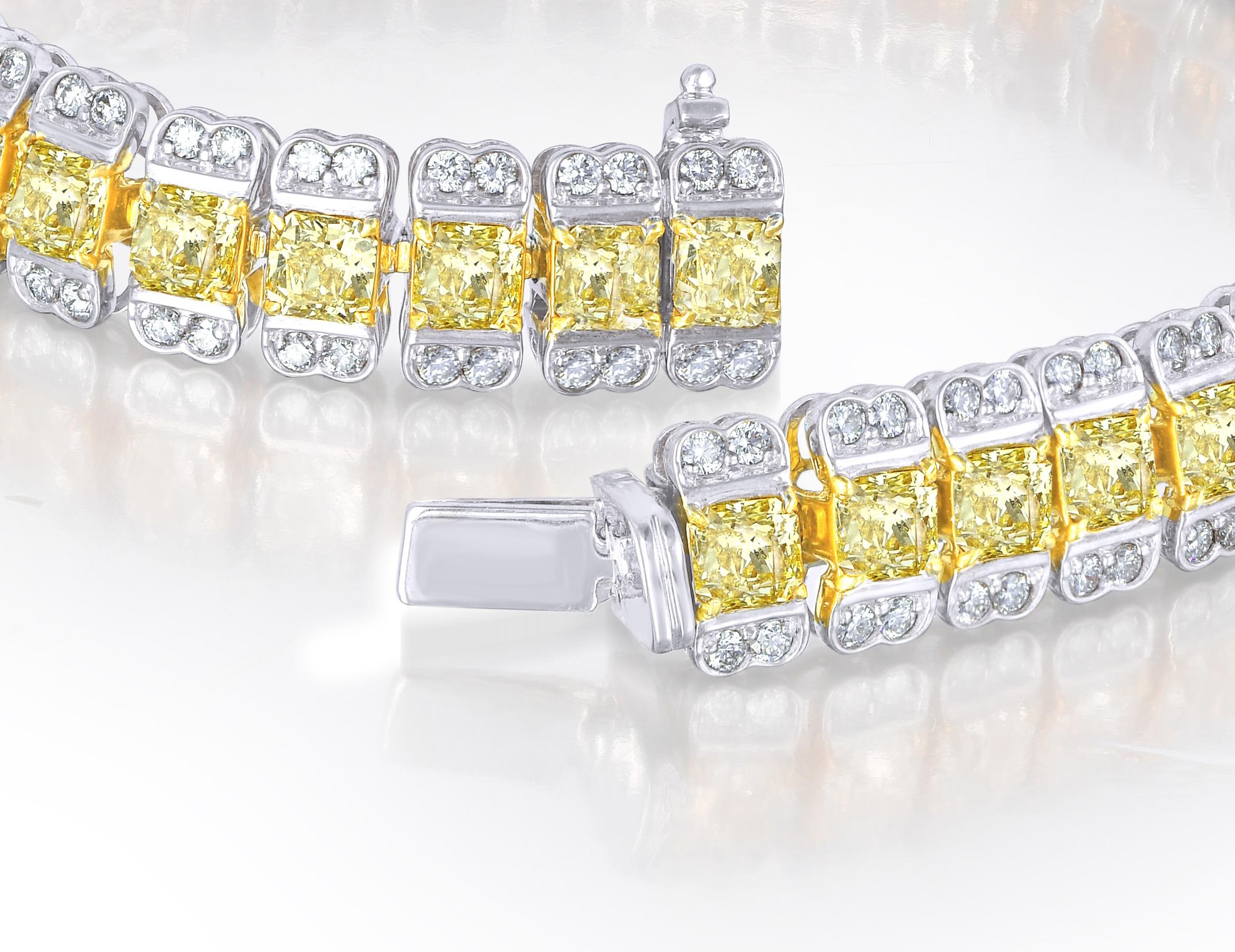 Radiant Cut Fancy Yellow Radiant and Round Halo Tennis Bracelet, 12.63 Carat For Sale