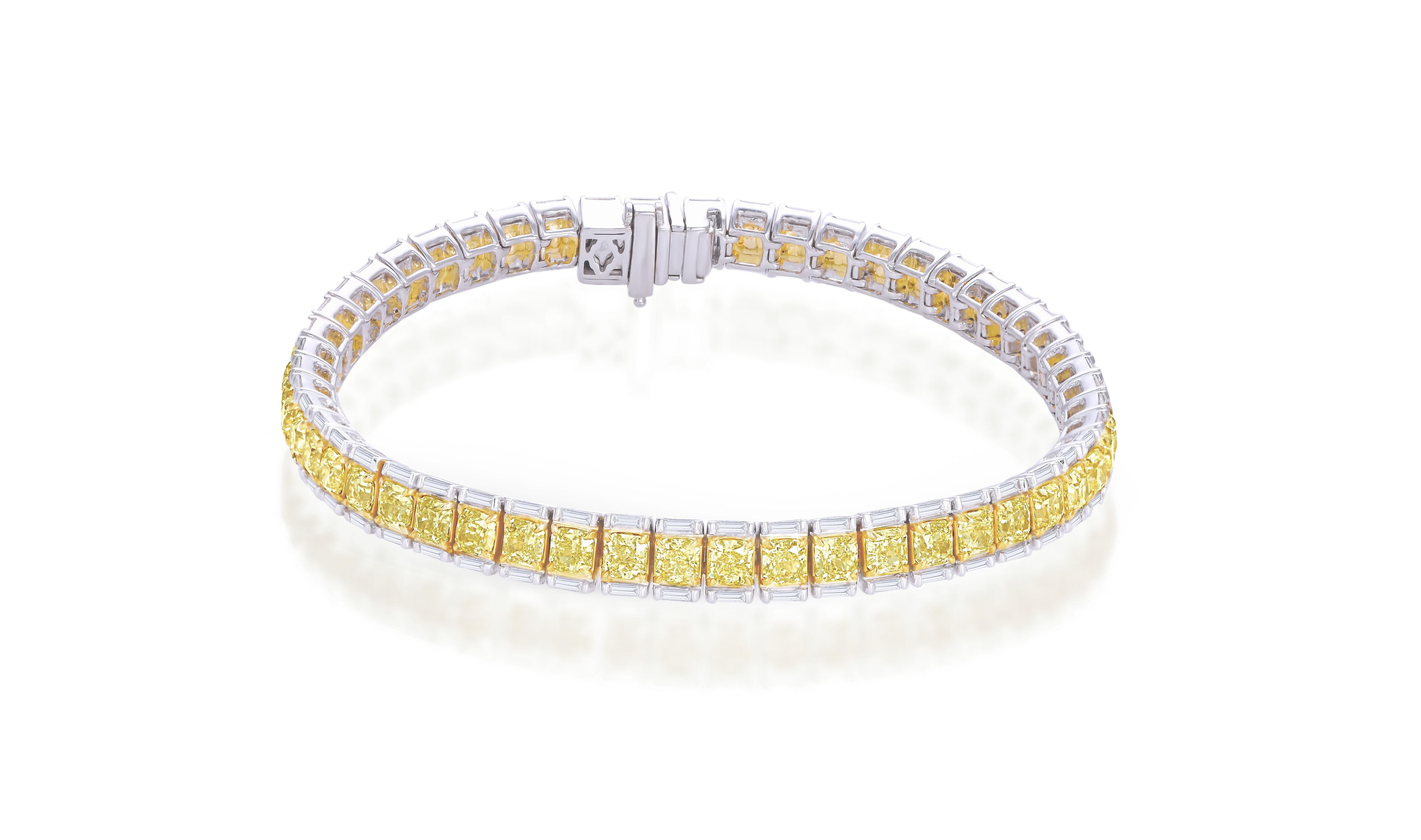 Luxurious tennis bracelet studded with perfectly crafted & calibrated yellow radiant natural diamonds. The yellow diamonds are flanked by matching white baguette diamond giving it a modern touch. Very flexible and perfect for all hands. 

Such