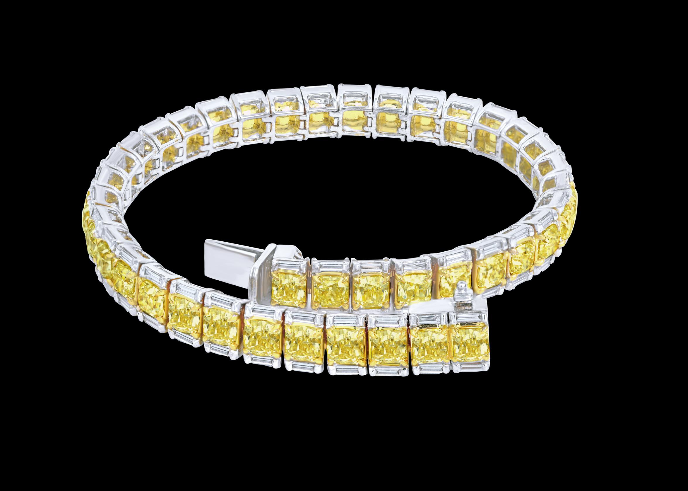 Radiant Cut Fancy Yellow Radiant and White Baguette Tennis Bracelet, 13.9 Carat For Sale